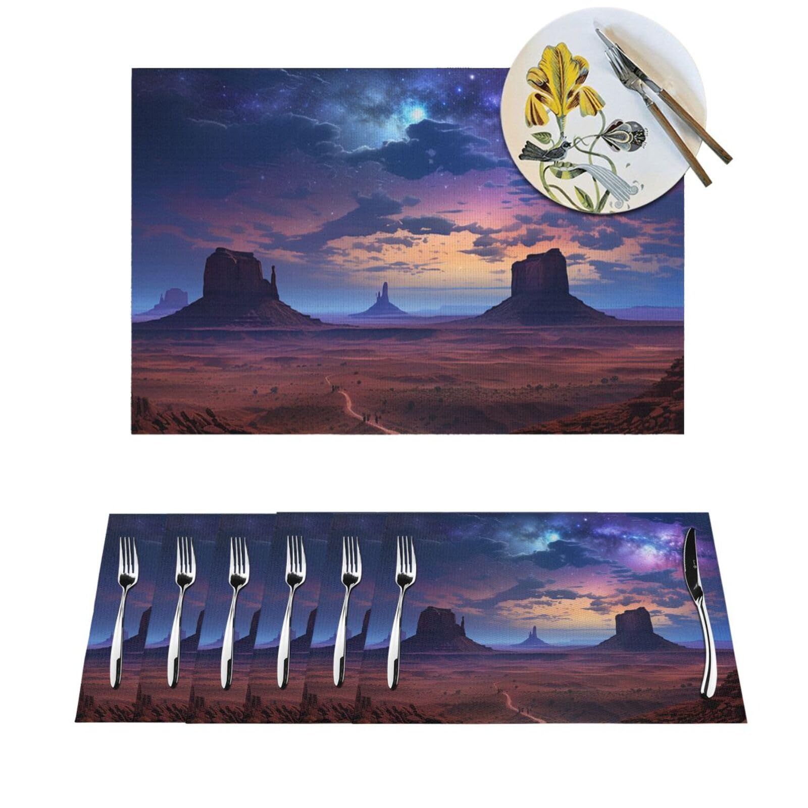 Qmnehj Black 6 Pcs Placemats Set Heat Resistant Non-Slip Place Mat For Dining Table Monument Valley Landscape Pvc Woven Placemat Wipeable Indoor/Outdoor Table Mats Washable Table Mats For Table Decor