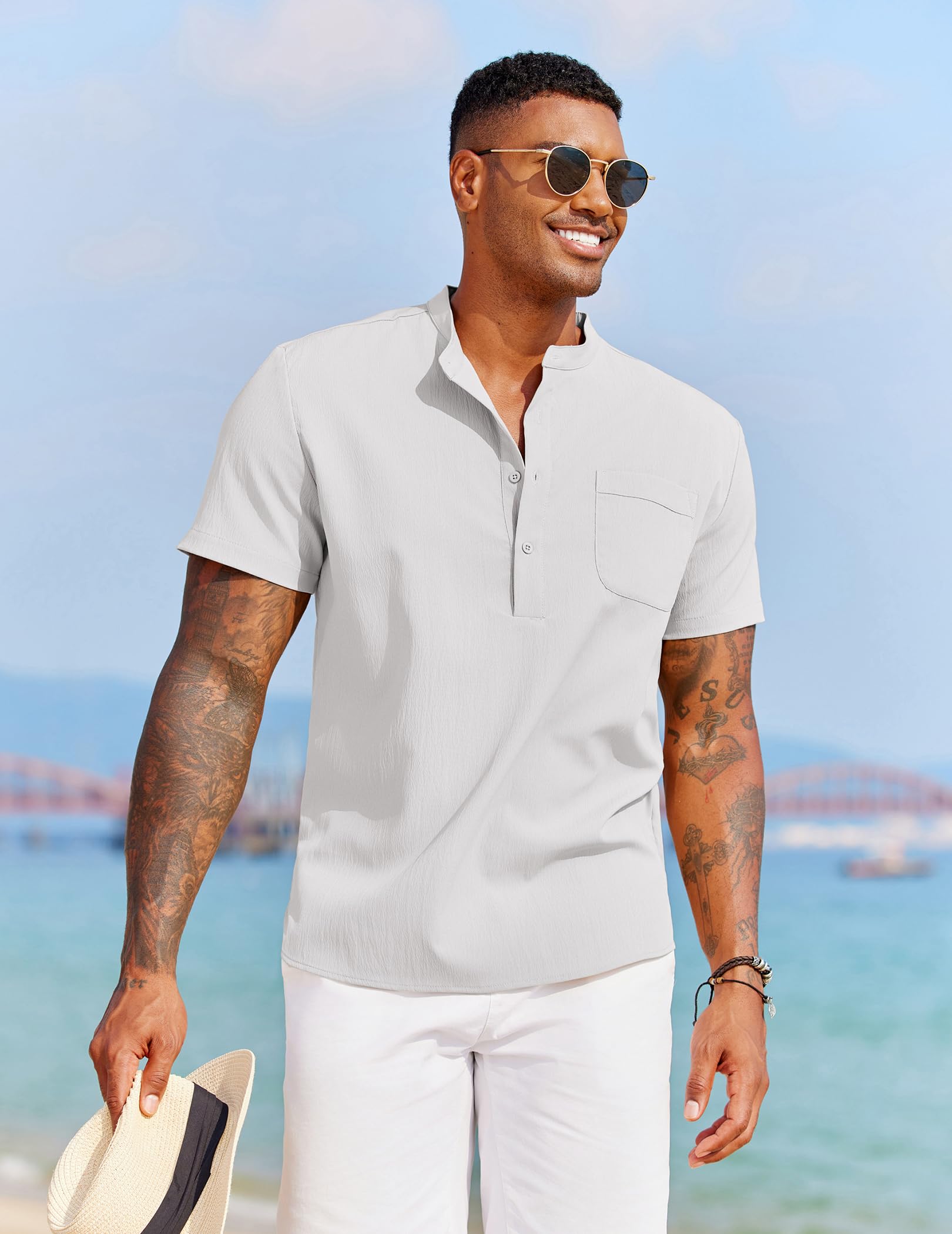 COOFANDY Camicia da uomo casual Henley a maniche corte estiva da spiaggia con colletto a fascia hippie Henley t-shirt con tasca