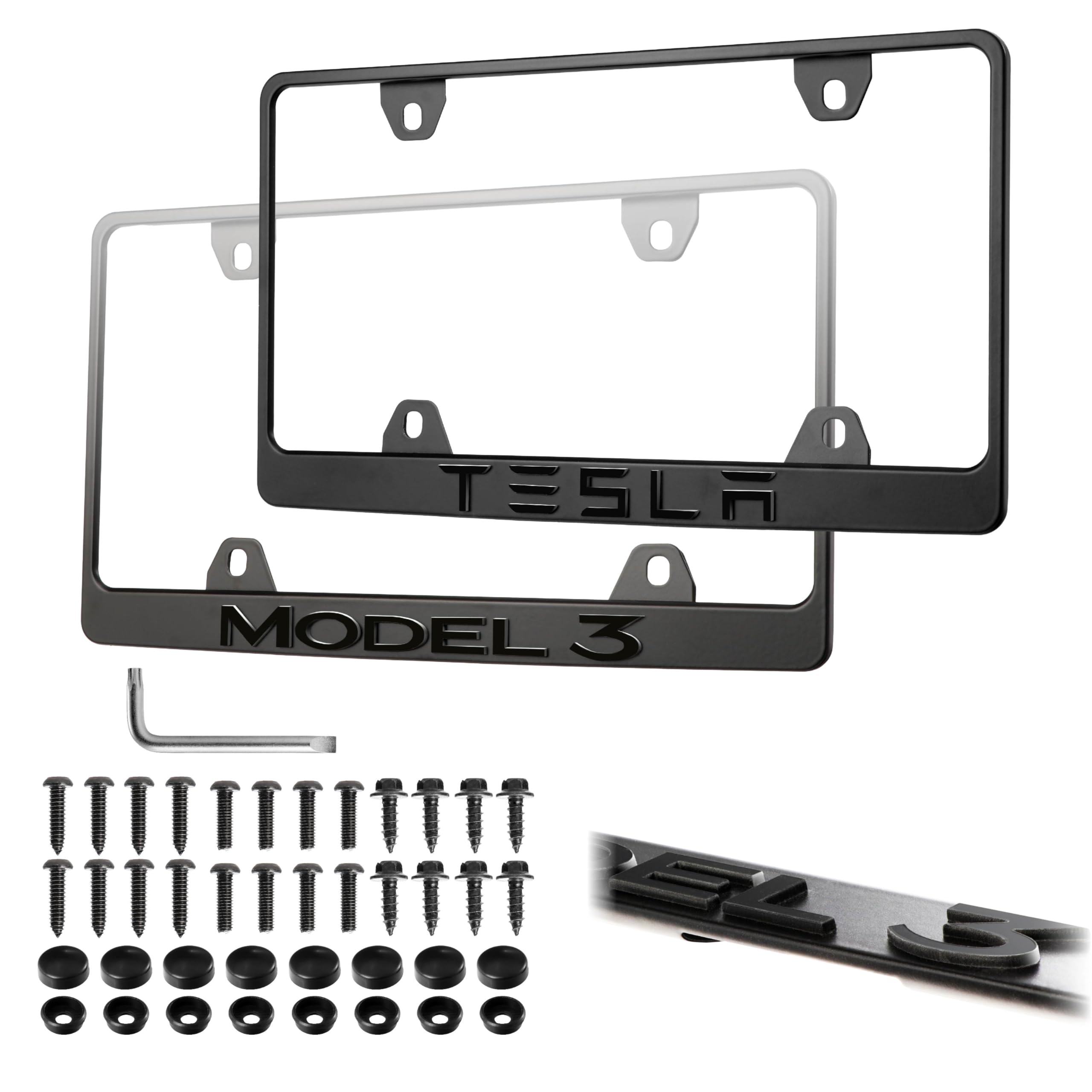 Model 3 Accessory License Plate Stealth Black Powder Coat UV Resistant Rust-Proof Steel Plate Holder - Compatible with Tesla Model3 - 3D RAISED
