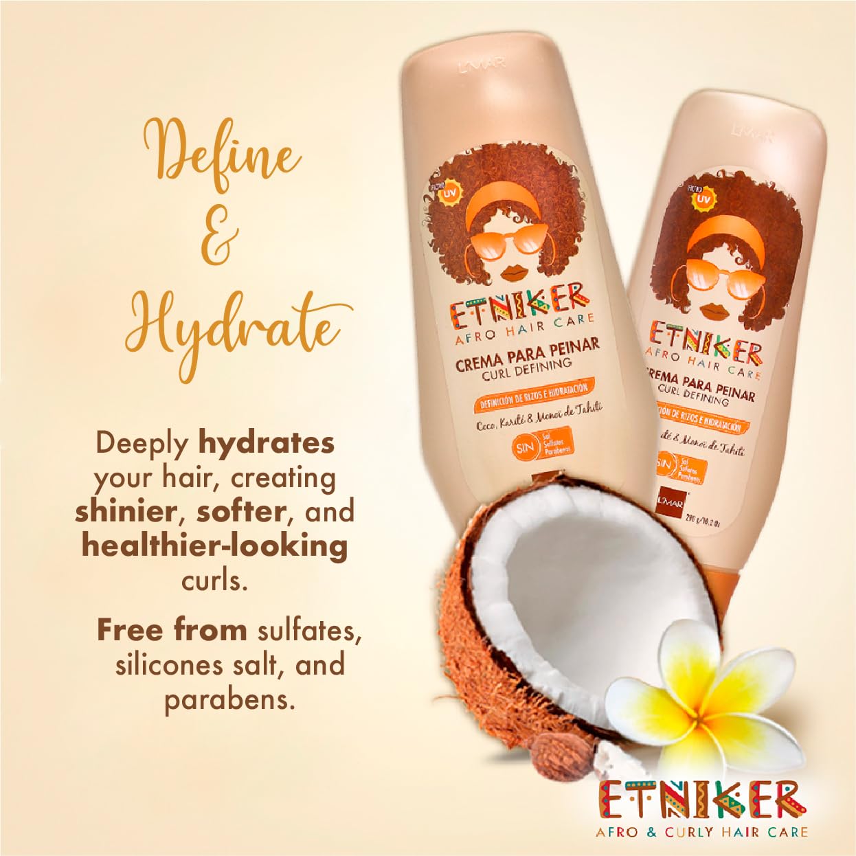 L'mar Etniker Styling Cream Afro Hair Care Curl Defining Coco Karite & Monoï Of Tahiti Salt Free, Sulfates and Parabens | LMAR Etniker Crema Para Peinar Definición de Rizos Hidratacion (17oz-500ml)