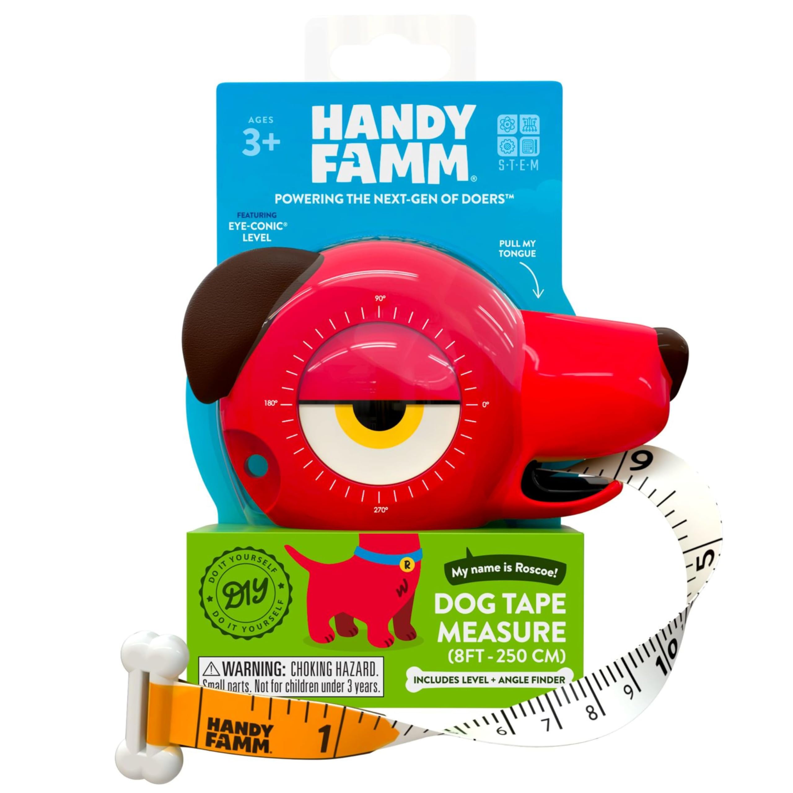 Handy Famm Roscoe The Dog 4-in-1 Kids Tape Measure with Adjustable Level Eye, Angle Finder & Eraser Ears – Montessori STEM Educational Toy for