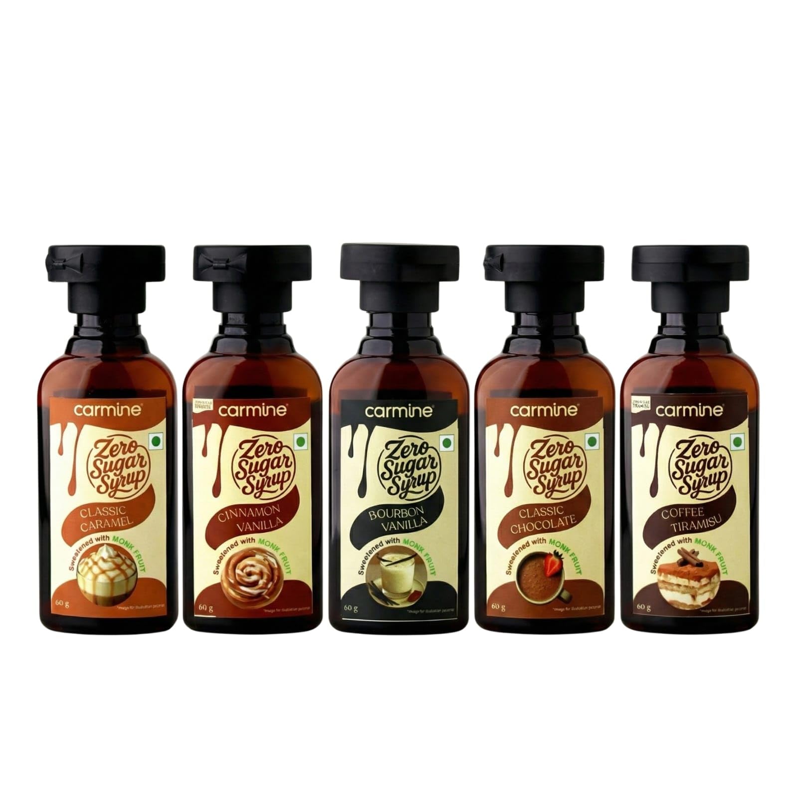Carmine Zero Sugar Syrups - Combo of 5 Syrups Bourbon Vanilla, Coffee Tiramisu, Classic Chocolate, Cinnamon Vanilla and