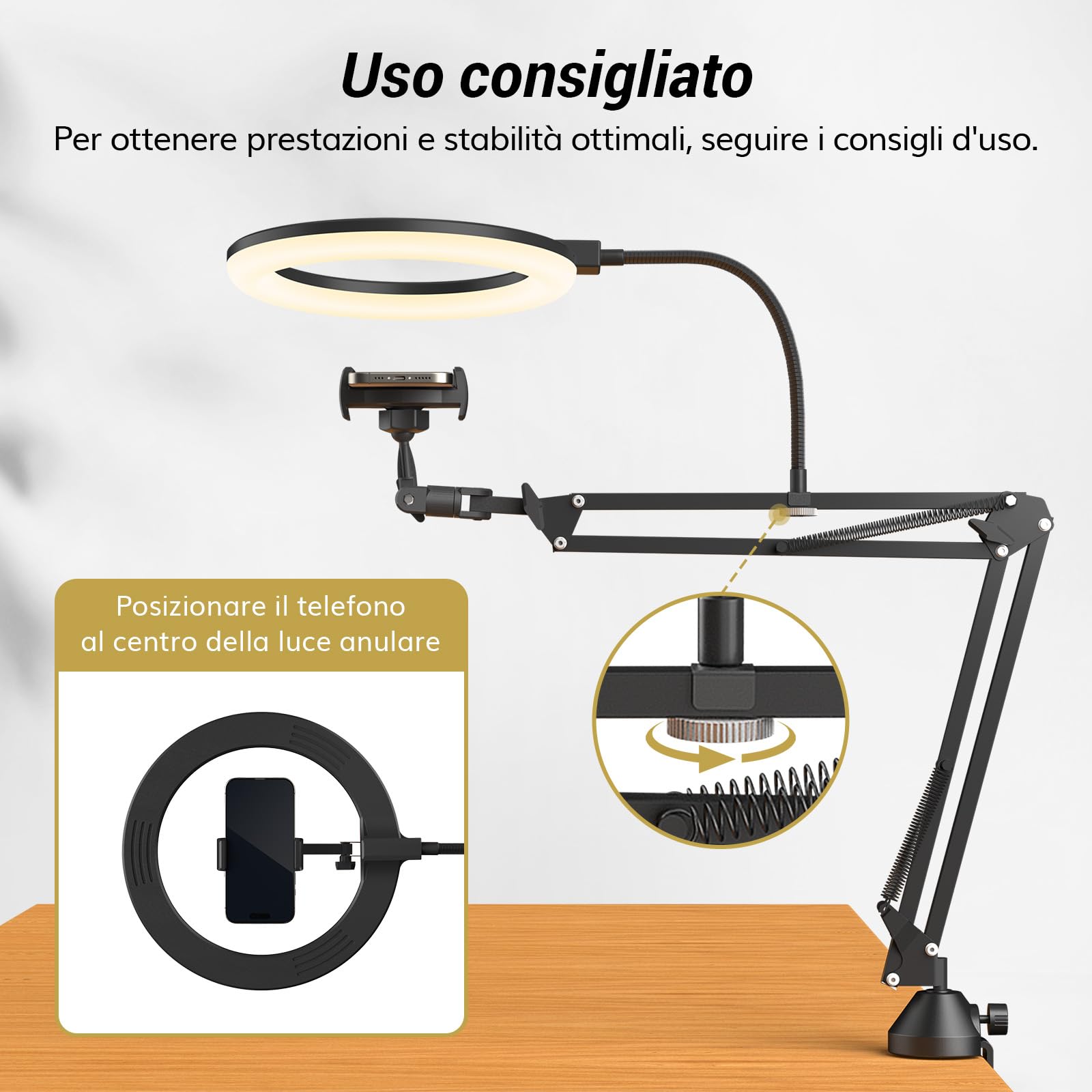 Kit luce anulare TONOR, luce anulare da 10" con braccio Heayy Duty e supporto per telefono, angolo regolabile, adatta per registrazione video, streaming live, disegno, trucco per unghie