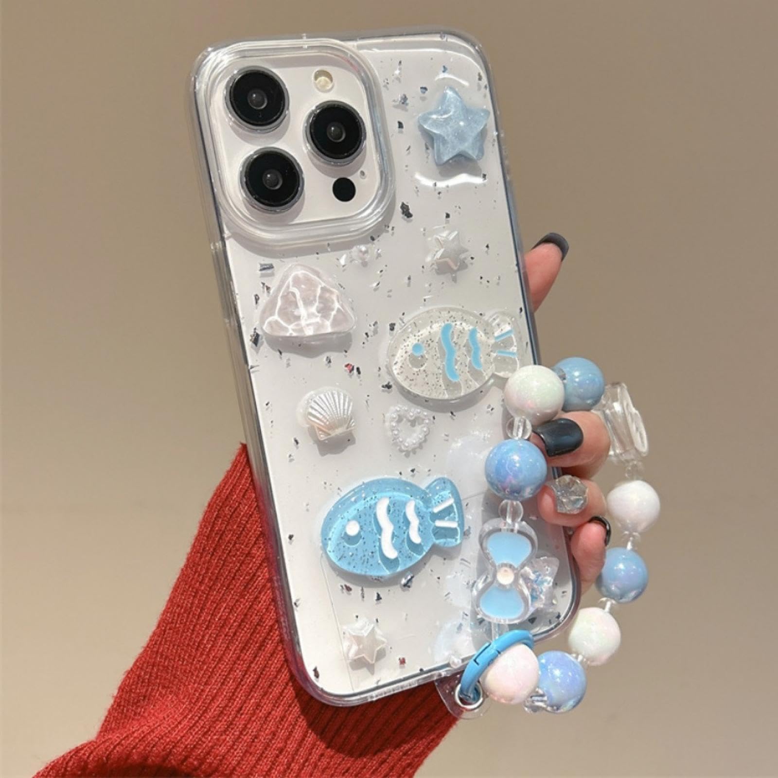 Coque Transparente pour iPhone 15, Motif Petit Poisson, Paillettes et Colle (pour iPhone 15/Fish GS)