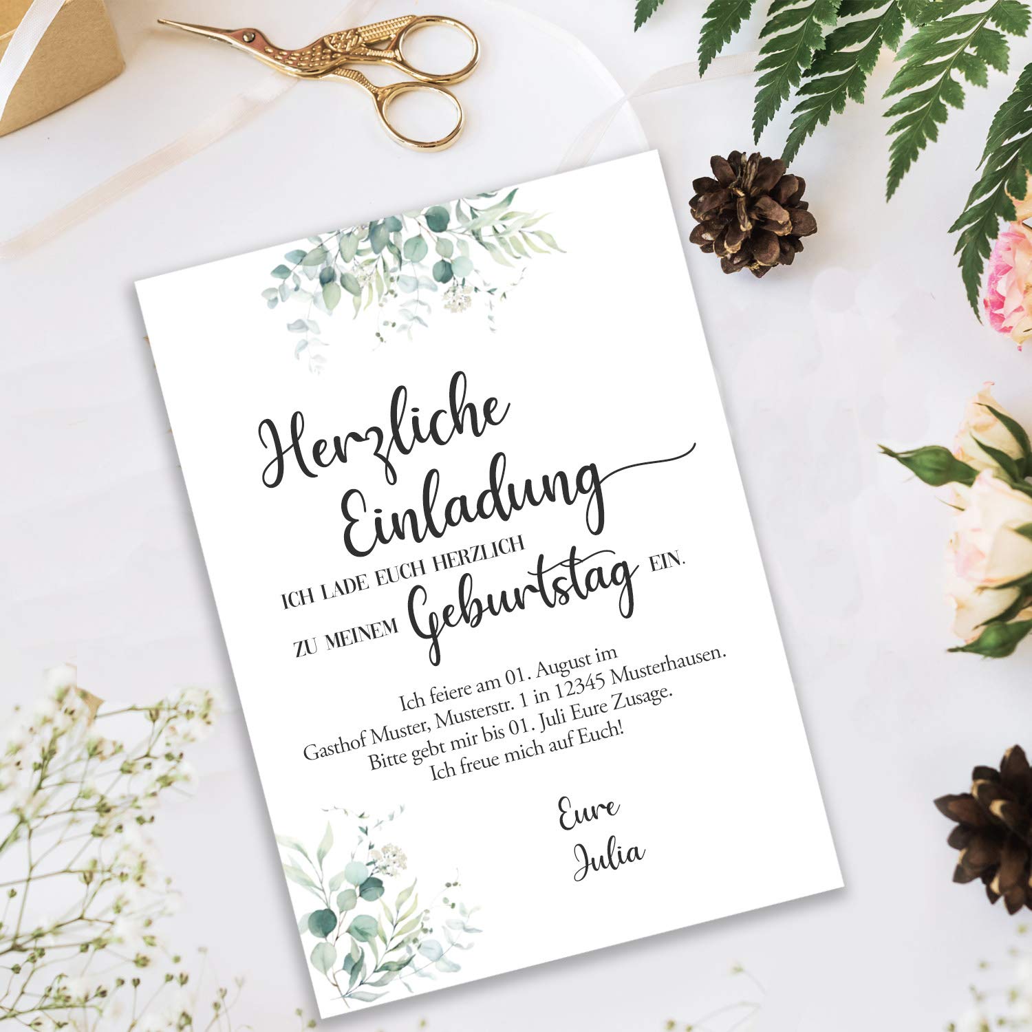 Lote de 250 pliegos de cartas, DIN A4, papel natural en crema con ramas de eucalipto, 120 g/m², 21,0 x 29,7 cm, papel de carta imprimible para escribir uno mismo, ideal para invitaciones de boda y