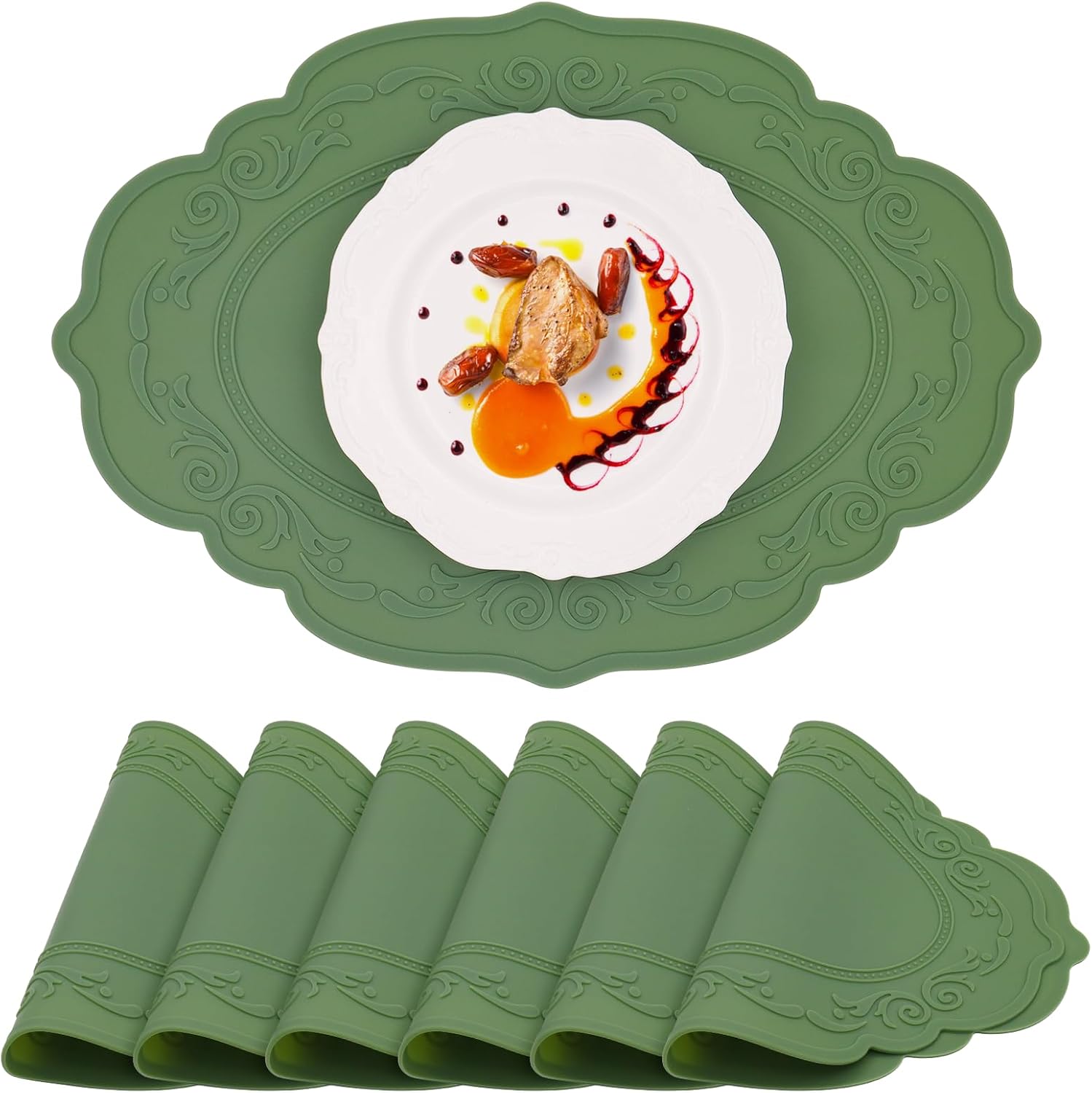 Silicone Placemats Set of 6, Oval Table Placemats Heat Resistant Waterproof Wipeable Non-Slip Table Mat, Vintage Kitchen Placemats Table Protector for Indoor Outdoor