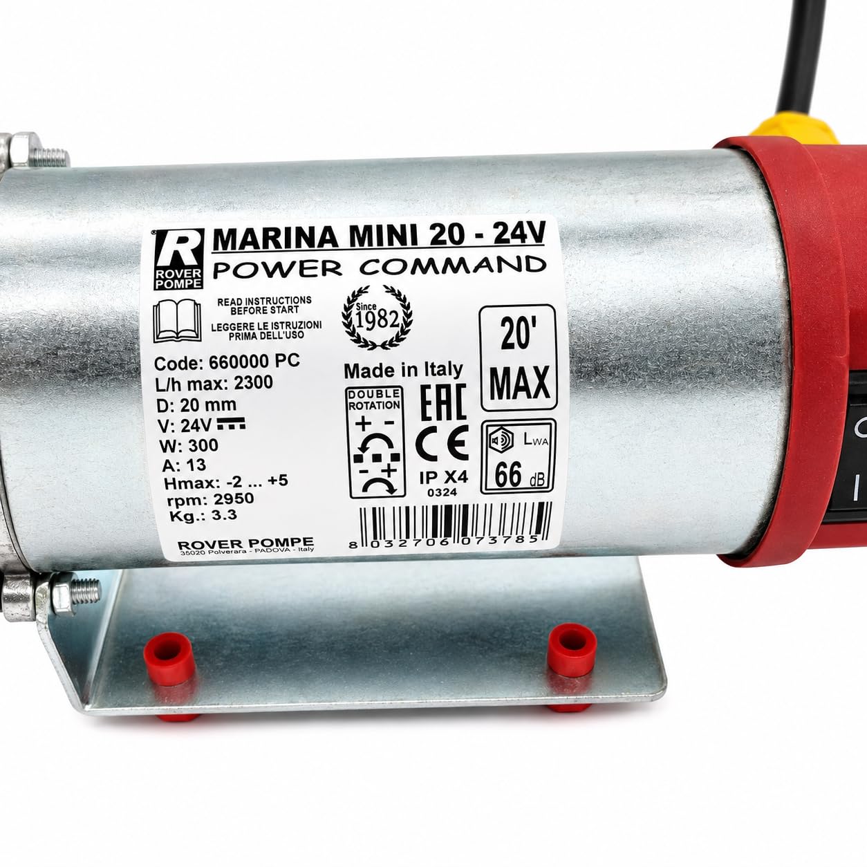 Rover Pompe MARINA MINI 20-24V Power Command Pompa samozasysająca 24 V z zaciskami do akumulatora - pompa do wody i oleju napędowego, przepływ 2300 l/h, przyłącze 3/4"