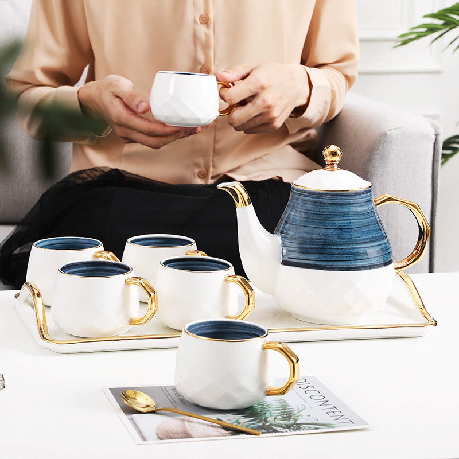 8-Elementowy Zestaw Do Herbaty Dla Dorosłych, Porcelanowe Filiżanki Do Kawy I Herbaty, 6 Filiżanek, Czajniczek, Taca Do Serwowania Popołudniowej Herbaty I Kawy