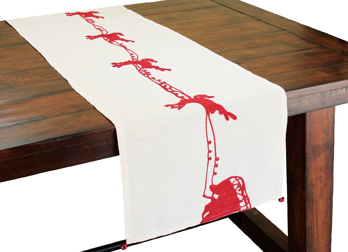 Chemin de table Noël brodé 40x180cm rouge avec traîneau et rennes