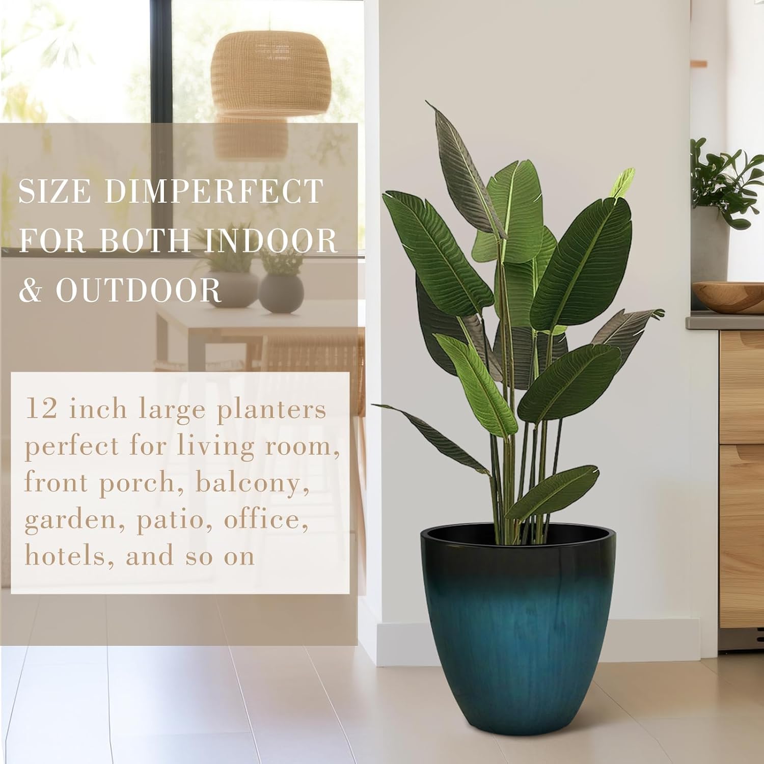 2 Pack 12 Inch Tall Planters for Outdoor Indoor Plants, Blue Round Resin Plant Flower Pots with Drainage Hole for Front Porch Patio Garden Deck Living Room Decor