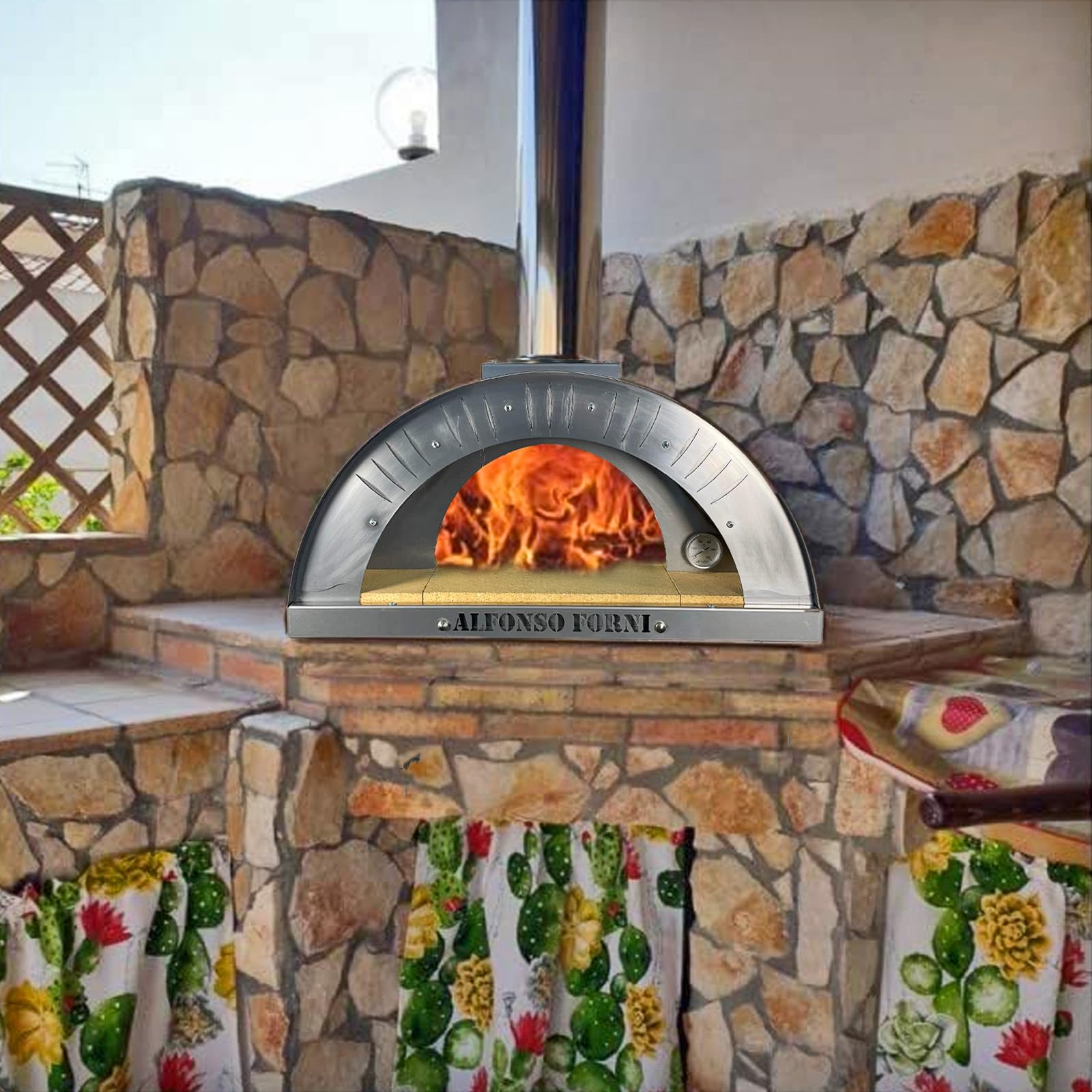 Forno a legna Alfonso 4 PIZZE da esterno acciaio con mattoni refrattari 3 cm pirometro 500°C