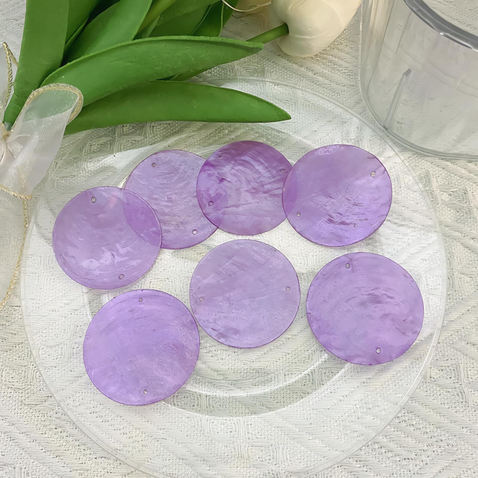 100PCS 2-in Round Shells Pieces with 2 Hole, Polished Round Shell Slice - Capiz Shells Pearl Coin Beads - Handmade Decorative Accessories for DIY(Purple) — image 1