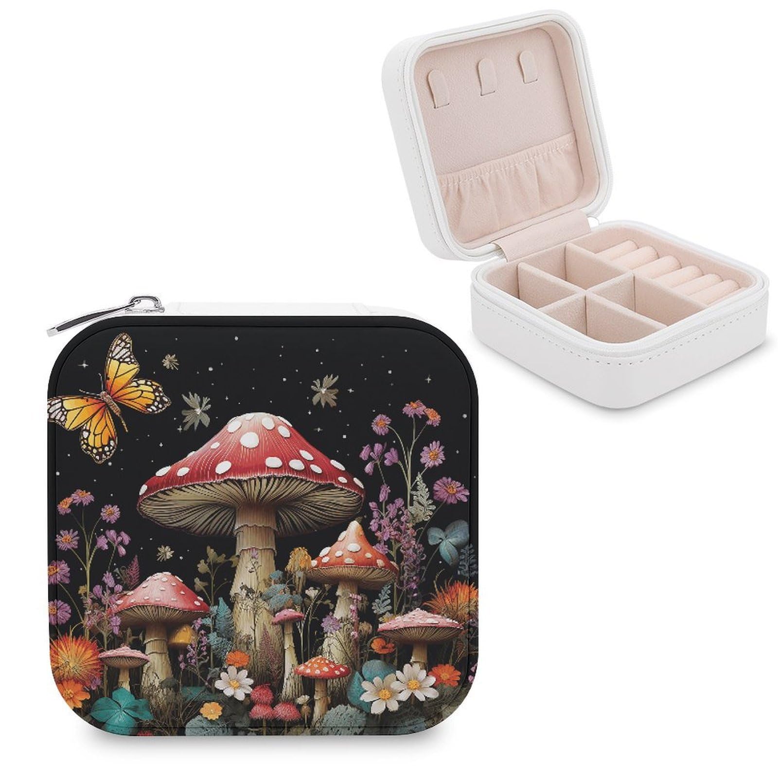 FekiLoot Mushrooms And Butterflies on Black Background Jewelry Case Personalized Leather Jewelry Box Mini Travel Jewelry Case Small Portable Jewelry Organizer for Ring Earrings Necklace Bracelet
