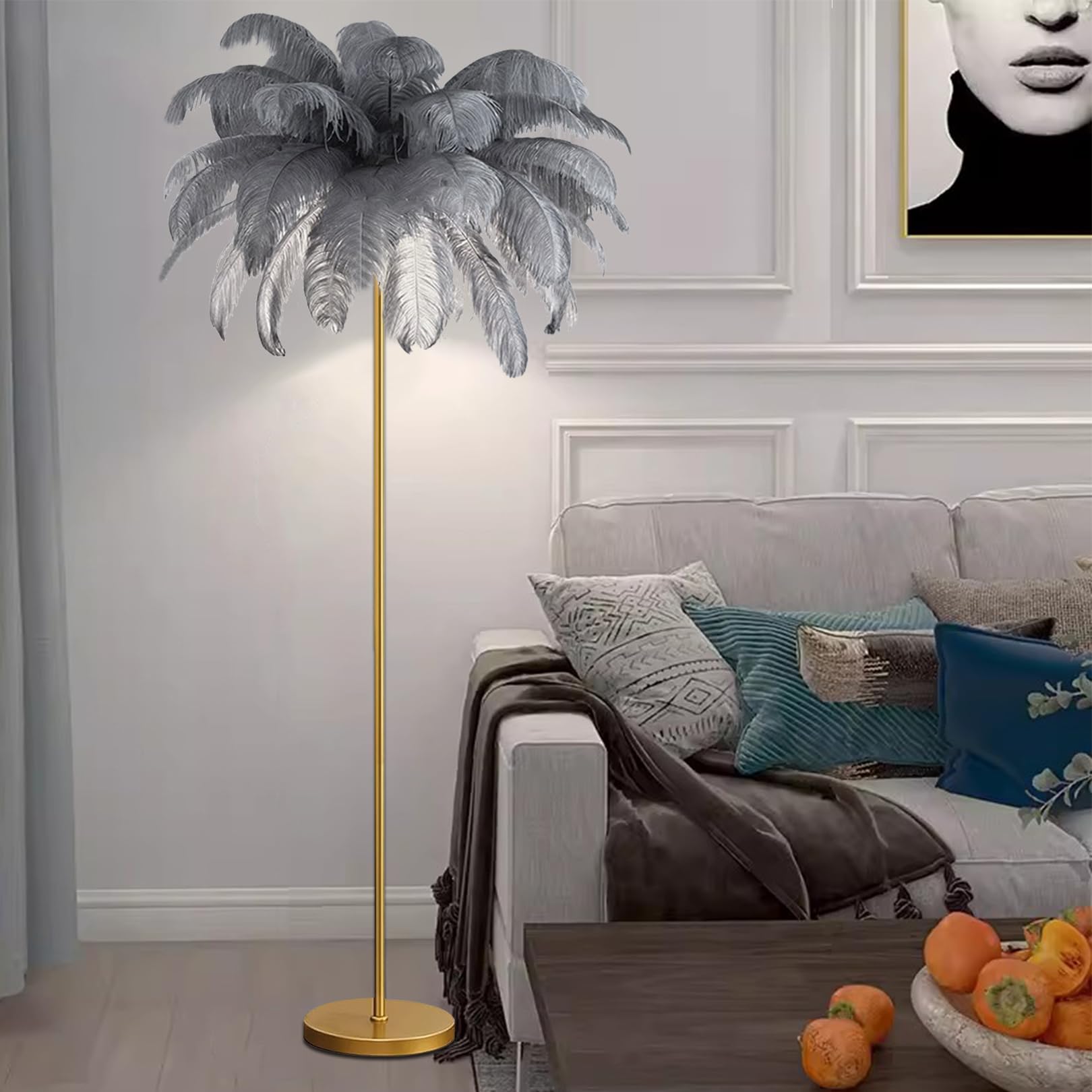 Lámpara de pie pluma gris con interruptor cómodo para dormitorio y salón 8
