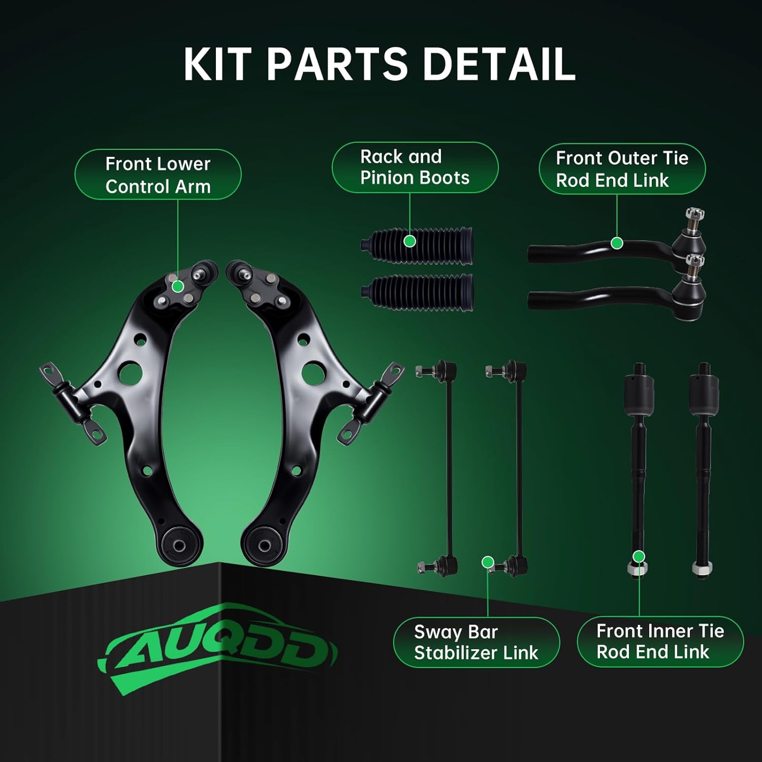 AUQDD 10Pc Front End Suspension Kit Fit For 2007-2011 To-yota Camry, 2 Lower Control Arm w/Ball Joint 2 Sway Bar Link 4 Outer & Inner Tie Rod End (# K621476 K621477 K750123 EV800085 ES80602 ES80603)