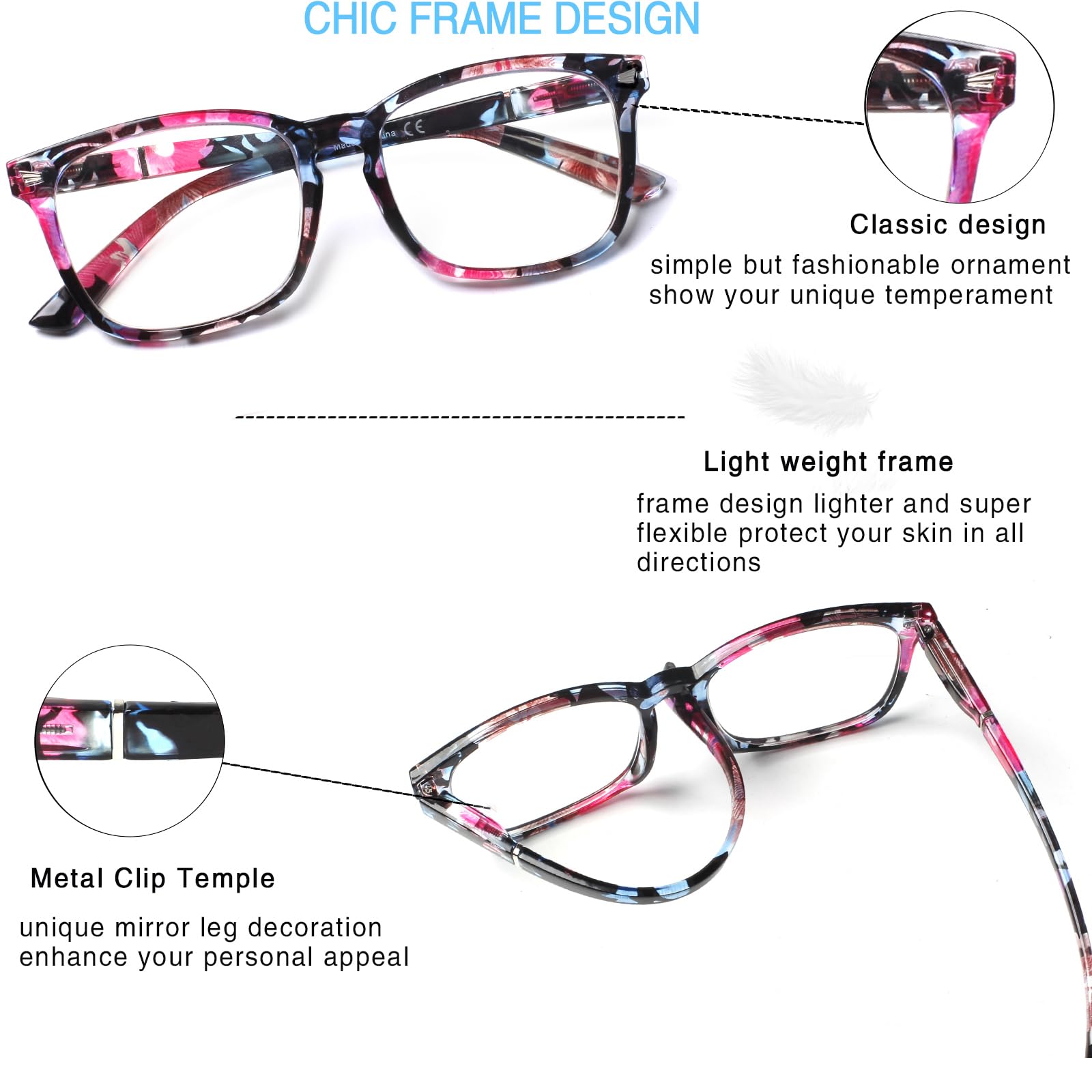 Henotin Paquete de 4 lentes de lectura con bloqueo de luz azul para mujeres y hombres, lectores de computadora con bisagra de resorte, antirayos UV, cuadrados, nerd