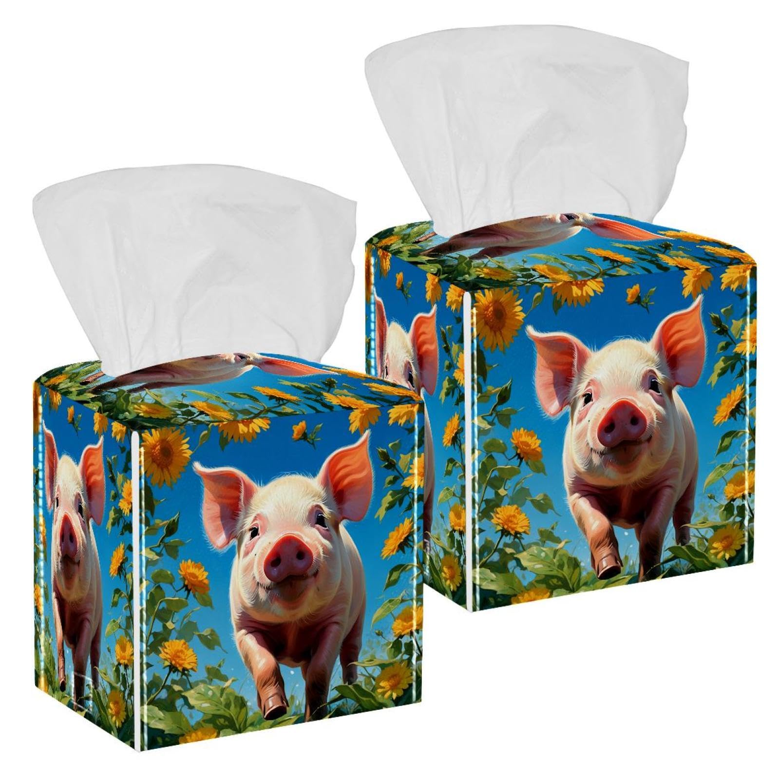 Pig and Flower Tissue Box Cover, 2 Pack PU Leather Square Facial Tissue Dispenser Box holder for Home Office Car