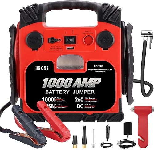 BS ONE 1000 Amp Pico de corriente Arrancador de coche, Caja de arranque de batería de plomo ácido de 12V con compresor de aire de 260 PSI, Paquete