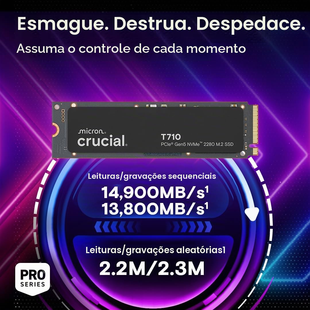Crucial SSD PCIe NVMe 2TB T710 PCIe Gen5, até 14.900 MB/s