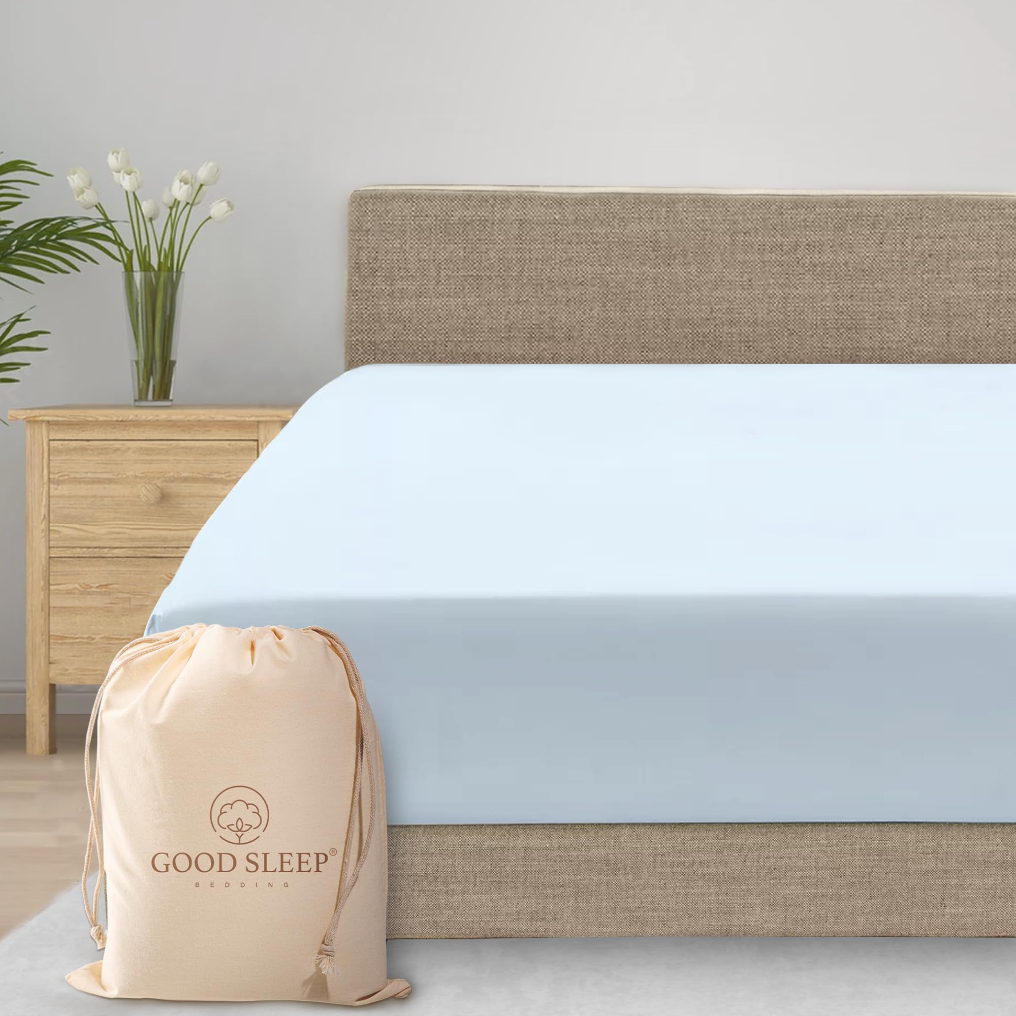 Luxury 100% Egyptian Cotton Fitted Sheet - Soft, Comfortable Sateen Weave Sheet - 1000 TC, 41cm/16" Deep - King Size - Light Blue