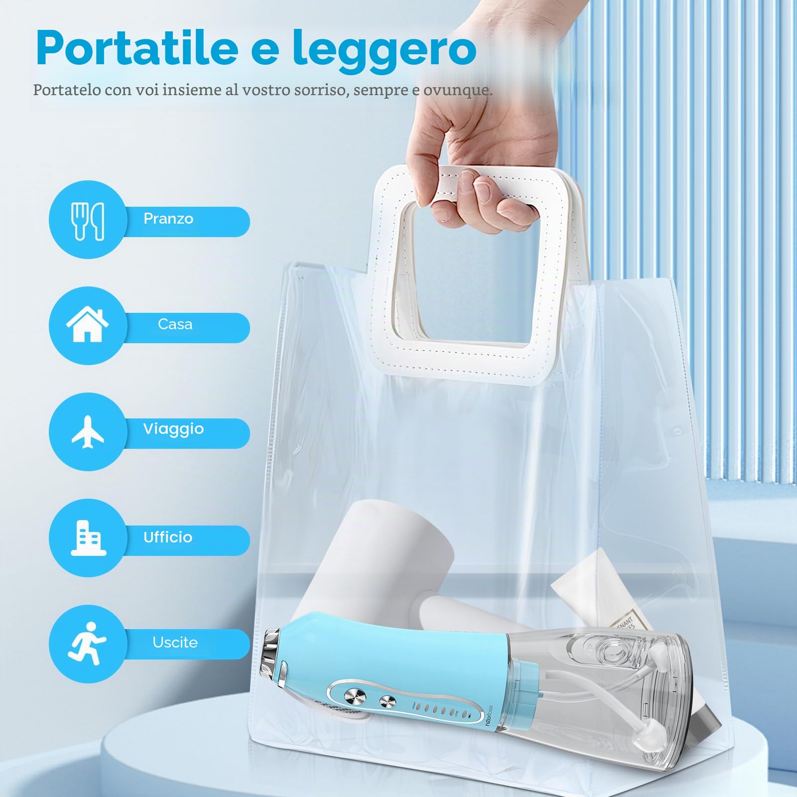 H2ofloss Idropulsore dentale portatile senza fili, 5 modalità IPX7, impermeabile, idropulsore orale ricaricabile da 300 ml, per la pulizia dei denti, blu cielo