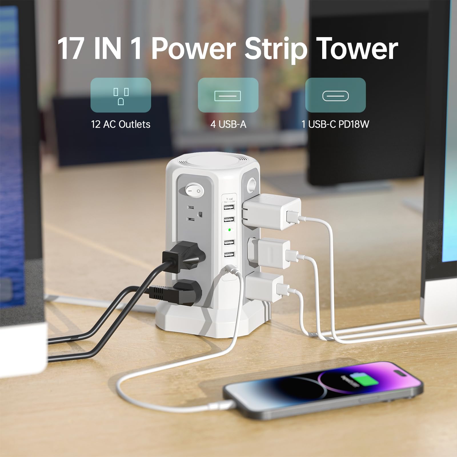 Multiprise multiprise 2 PS (4A1C avec port USB C PD18 W, 3 m) | Rallonge multiprise avec 5 ports de charge USB, tour d'alimentation pour maison, bureau, dortoir, gris blanc