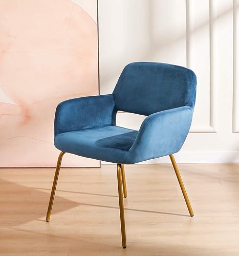 Miniatura 7 de CLATINA Juego de 4 sillas decorativas cómodas de terciopelo azul con reposabrazos y patas de metal dorado sólido para comedor, sala de estar,