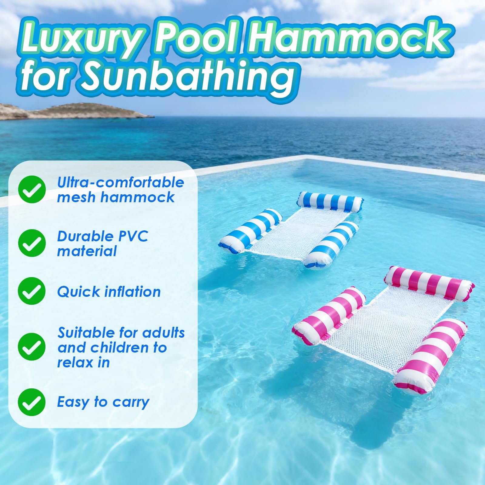 2 materace dmuchane do basenu, 4 w 1, hamak wodny z oparciem i podłokietnikami, siedzisko do pływania, siedzisko basenowe, leżak słoneczny, wodne krzesło relaksacyjne z pompką nadmuchującą