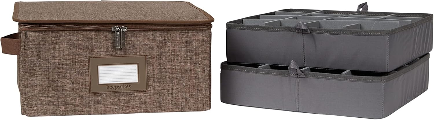 Covermates Keepsakes China Cups and Coffee Mugs Storage Box - Stackable, Reinforced Handles, China Storage, Brown Heather