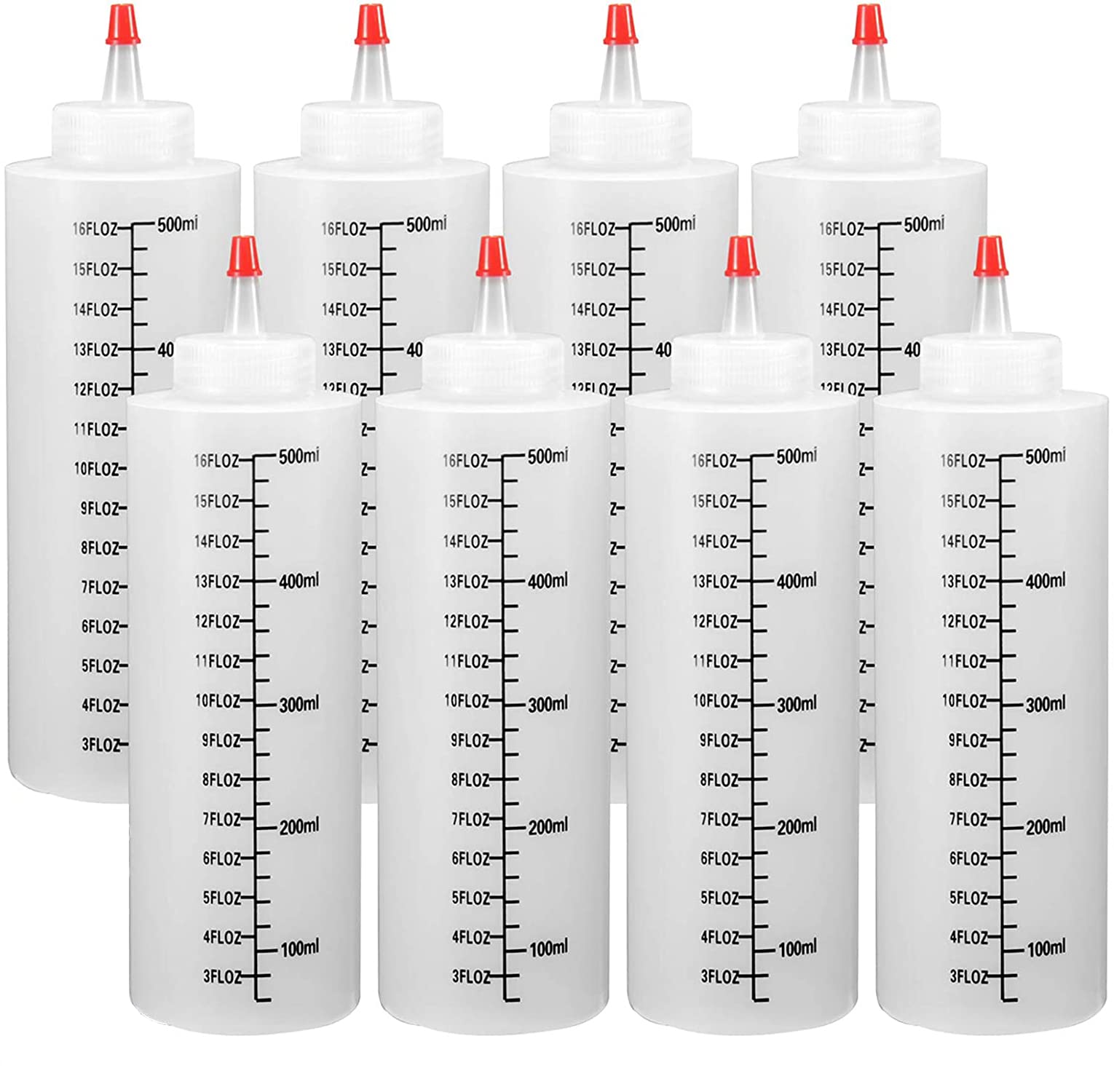 Condiment Squeeze Bottles, 16 oz Durable Plastic Squeeze Squirt Bottle with Red Tip Cap and Discrete Measurements for Ketchup, BBQ, Sauces, Syrup, Dressings, Arts & Crafts .8 Pieces