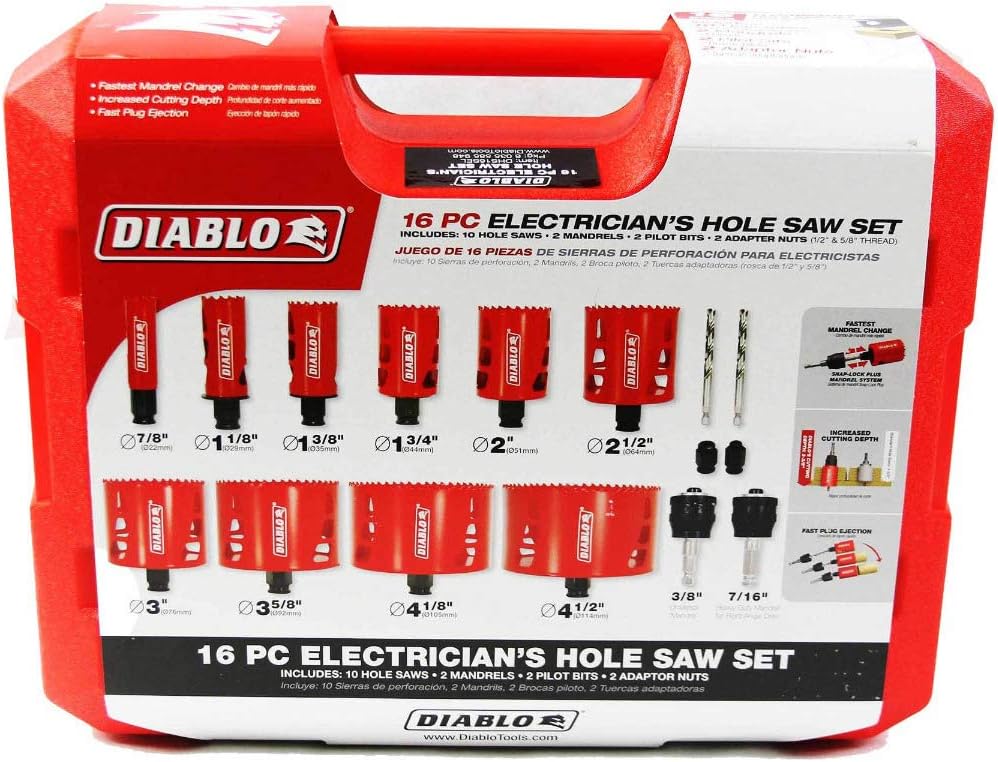Bi - Metal Hole Saw Set for Electricians - Fits with Snap-Lock Plus Mandrel System - 10 Saw Cups, 2 Snap-Lock Plus Mandrels, 2 Pilot Bits, 2 Adaptor Nuts - DHS16SEL