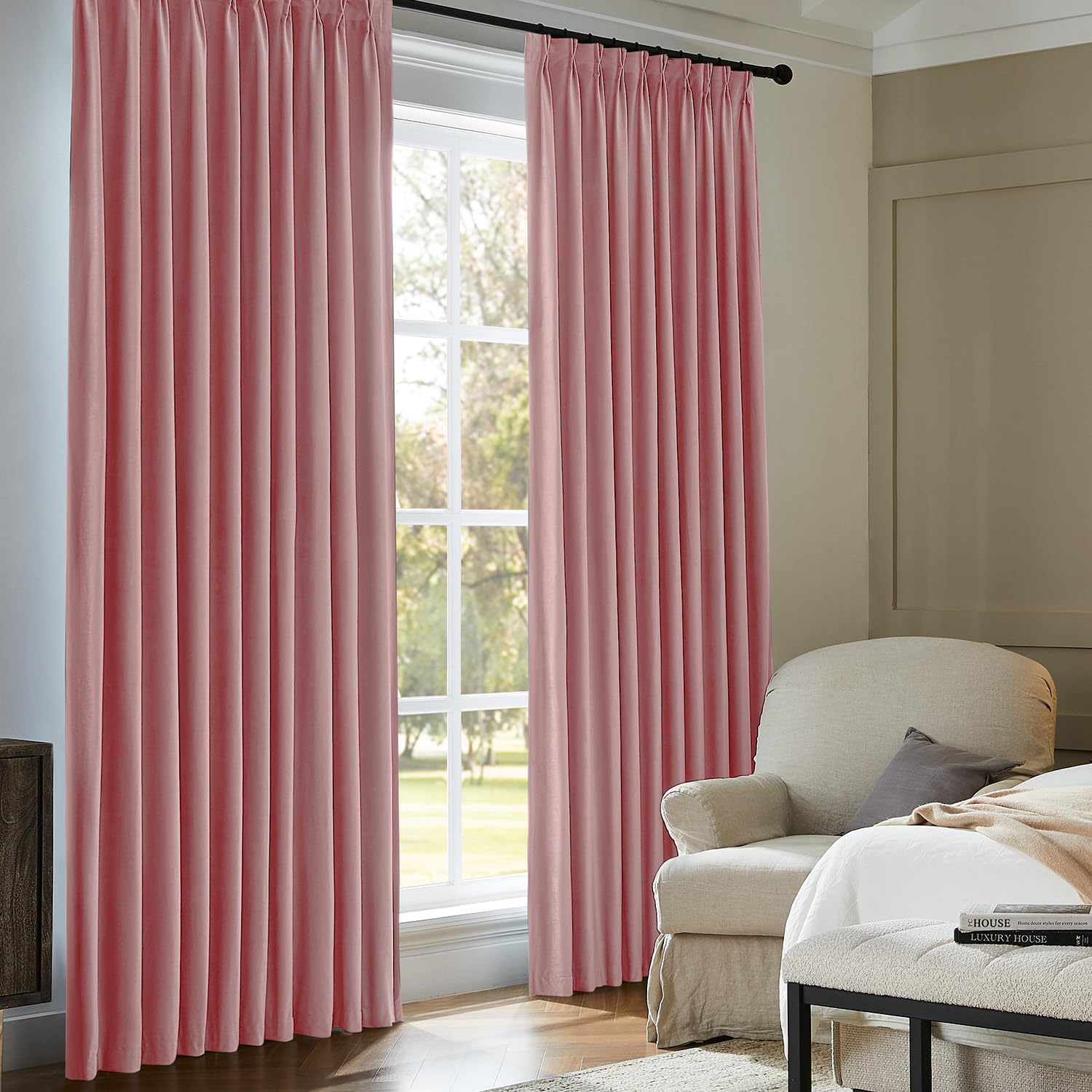 Pinch Pleated 100% Blackout Curtains for Bedroom, Pink Velvet Curtains for Living Room, Black Out Curtain 84 inch Long Room Darkening, Blackout Pinch Pleat Drapes with Hooks 2 Panels