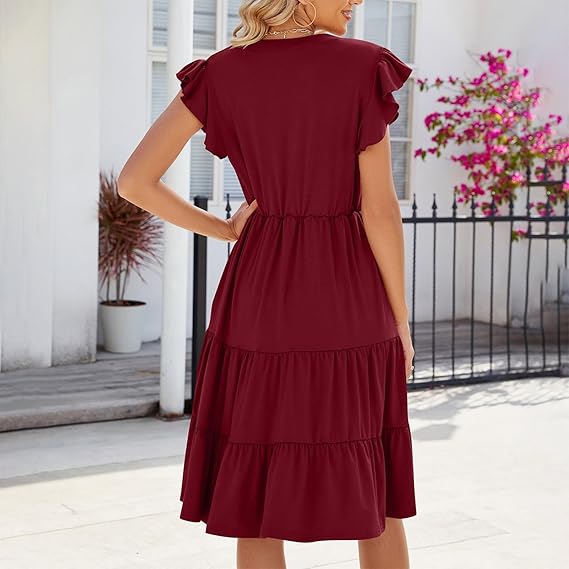 ミストレアスBicolor Ruffle Pleated Dress Women's Elegant Ruffle Sleeve Dress Cotton Blend V Neck