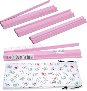 Mahjong Racks with Pushers, Pink Wooden American Mahjong Tile Pushers and Racks Set of 4, with White Printed Mahjong Racks Drawstring Bag, Mahjong Accessories (19.68 Inches)
