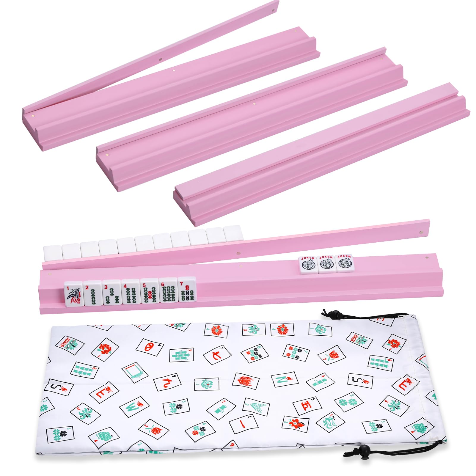 mahjong racks with pushers, pink wooden american mahjong tile pushers and racks set of 4, with white printed mahjong racks drawstring bag, mahjong accessories (19.68 inches)