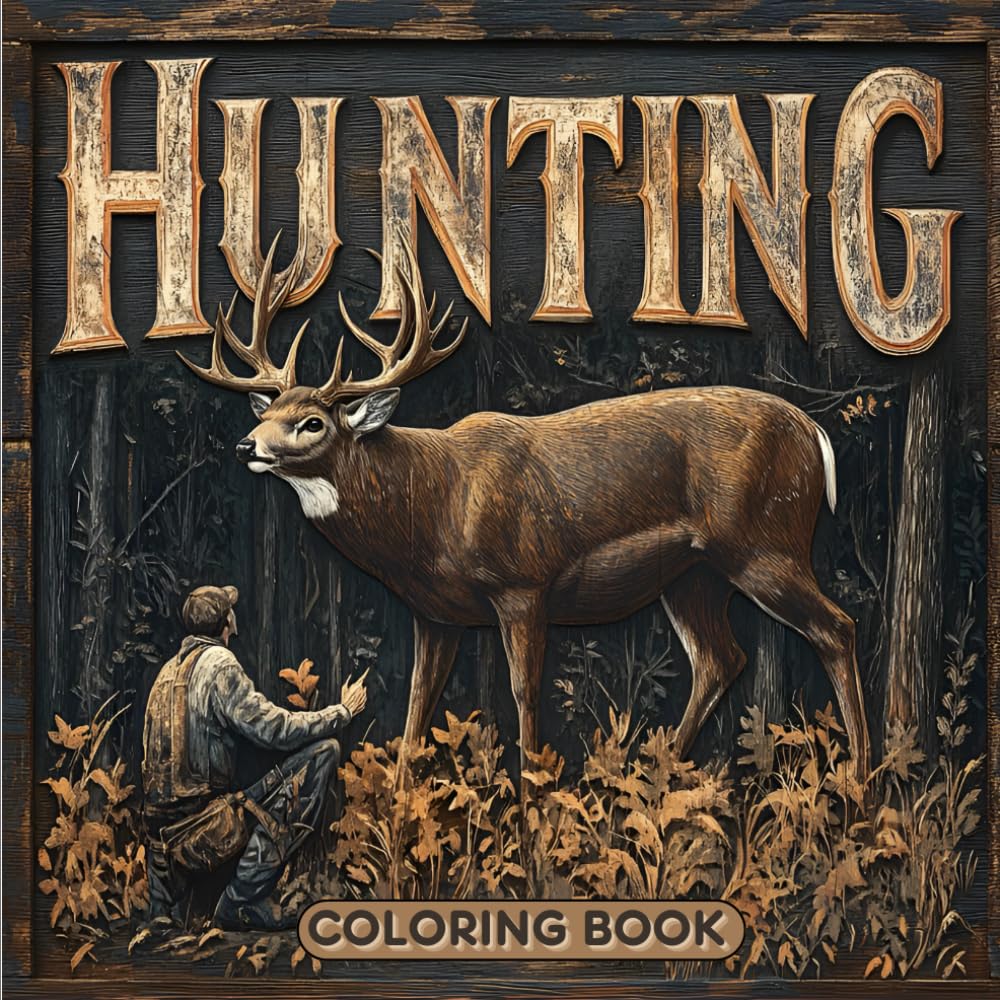 Hunting Coloring Book for Adults Men boys & young Hunters 52 Pages- Hunting Scenes in North America , Wildlife with Animals Deer Bear Elk Moose and more !