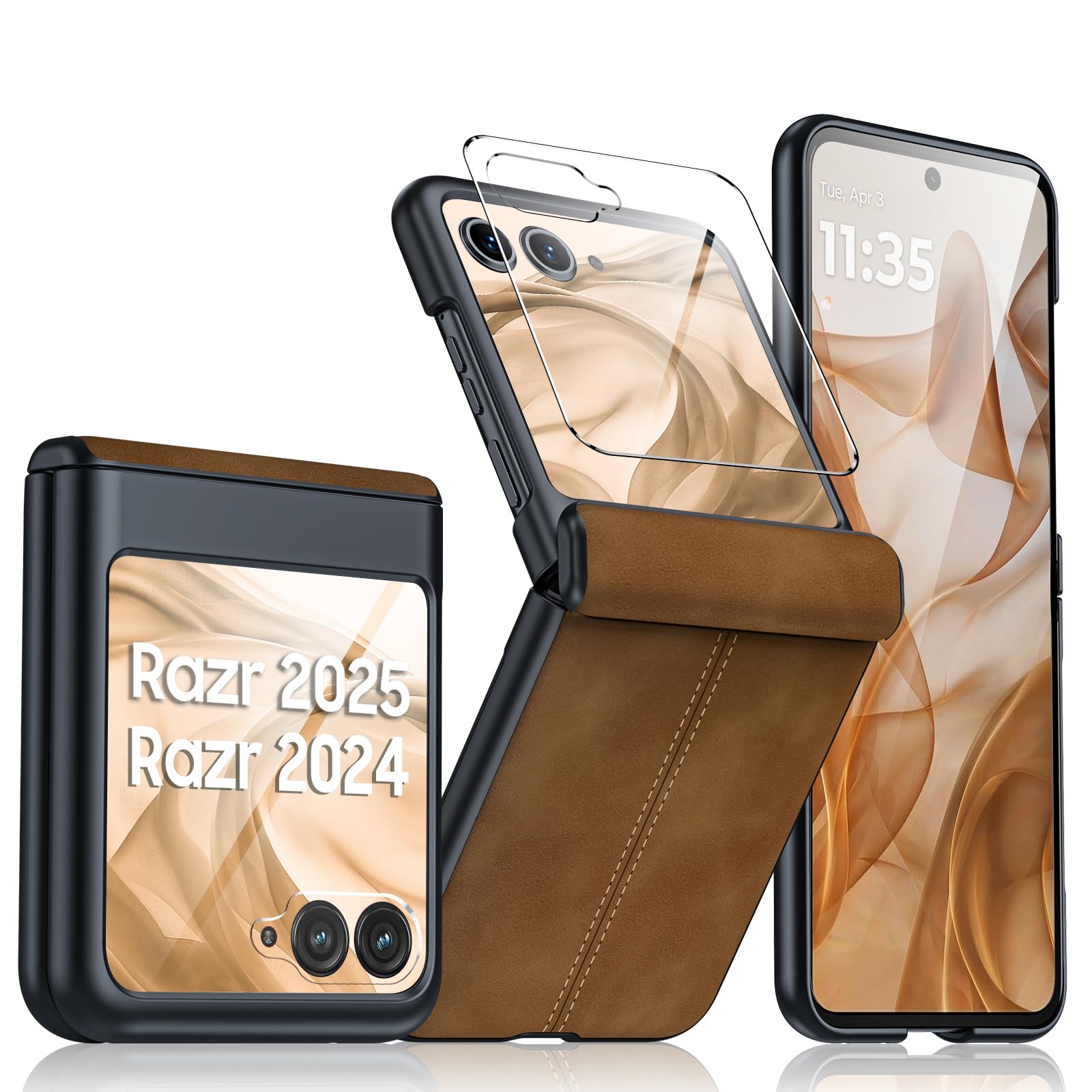 for Motorola Razr 2024 Case/Razr 2025 Case, Built-in Screen Protector & Hinge Protection & Ultra Thin PU Leather Matte PC Shockproof Phone Cover Smartphone Case for Moto Razr 2024/2025(Brown)