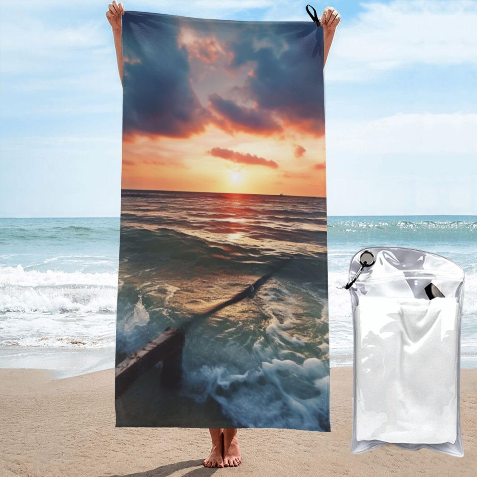 BWWHCCTI Sea at Sunset Printed Microfiber Quick Dry Beach Towel 80x160 CM, Fast Drying Bath Towels with Bags for Travel,Camping,Gym,Beach,Swimming,Yoga