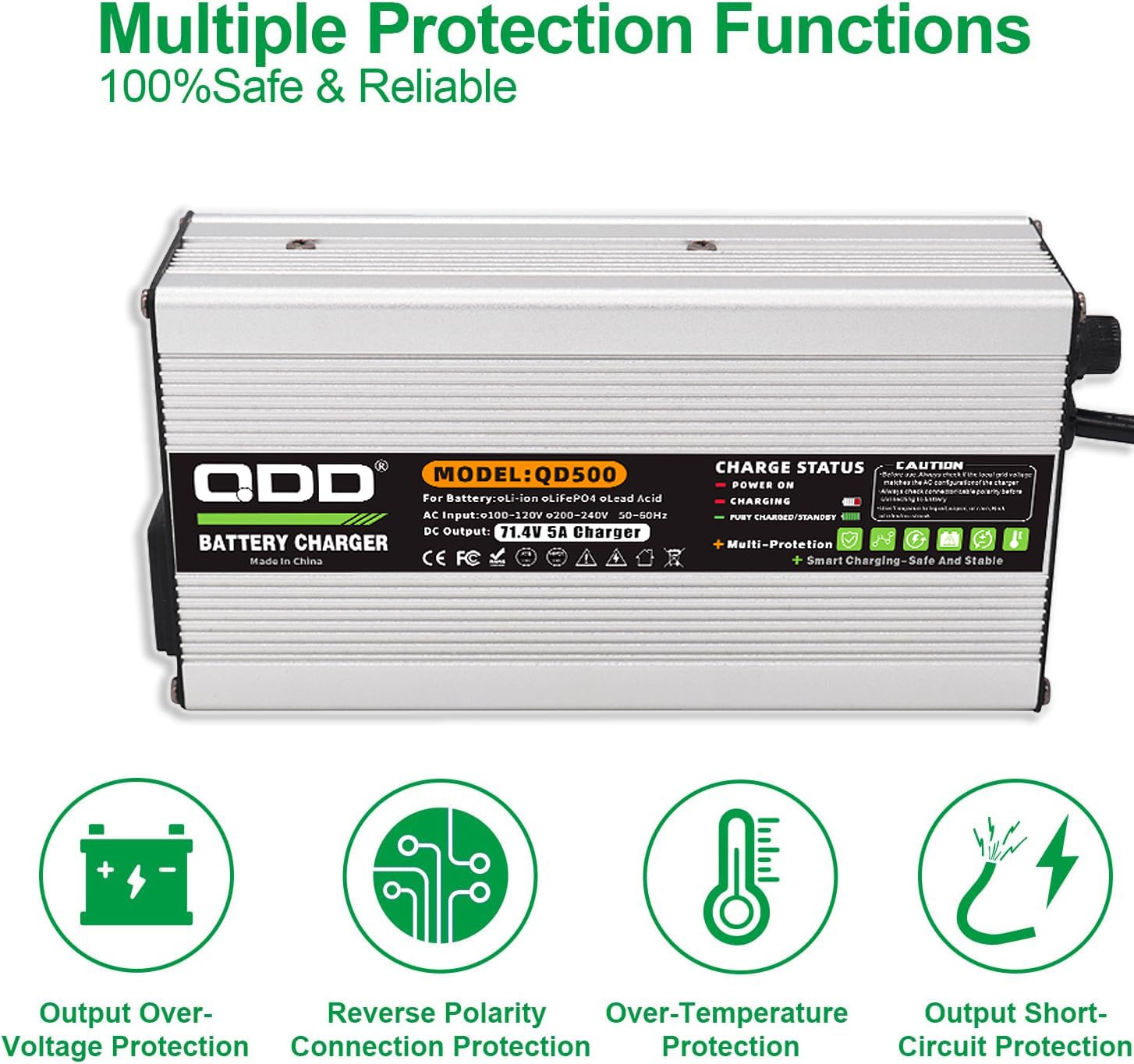 QDD Cargador de batería de iones de litio de 60 V, 71,4 V, 5 A, salida de carcasa de aluminio plateado, conector C13 N+L, utilizado para batería de litio de 17S 60 V
