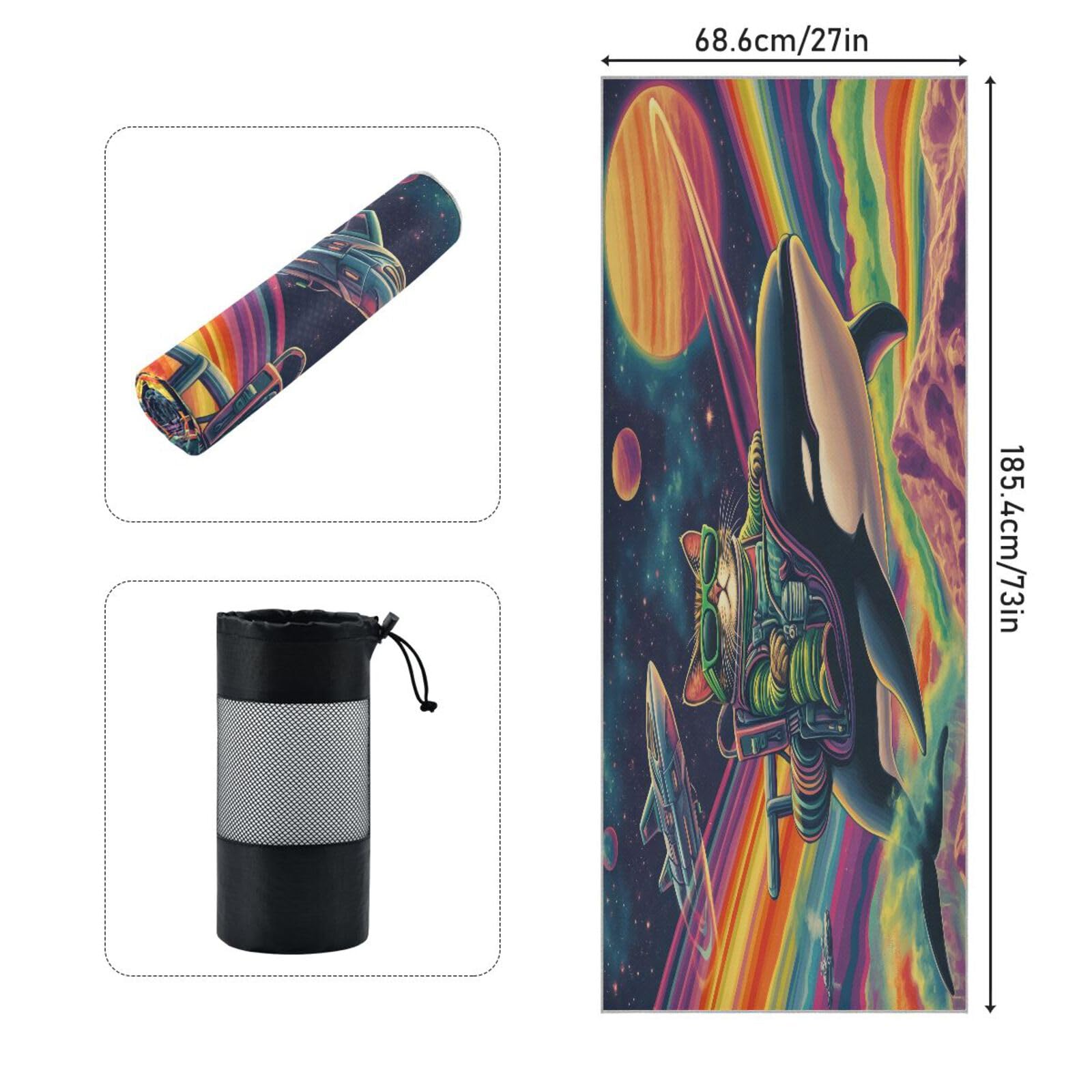 pnyoin Yoga Towel Cool Space and Art Cat Hot Yoga Mat Towel with Grip Dots Sweat Absorbent Non-Slip for Hot Yoga, 24