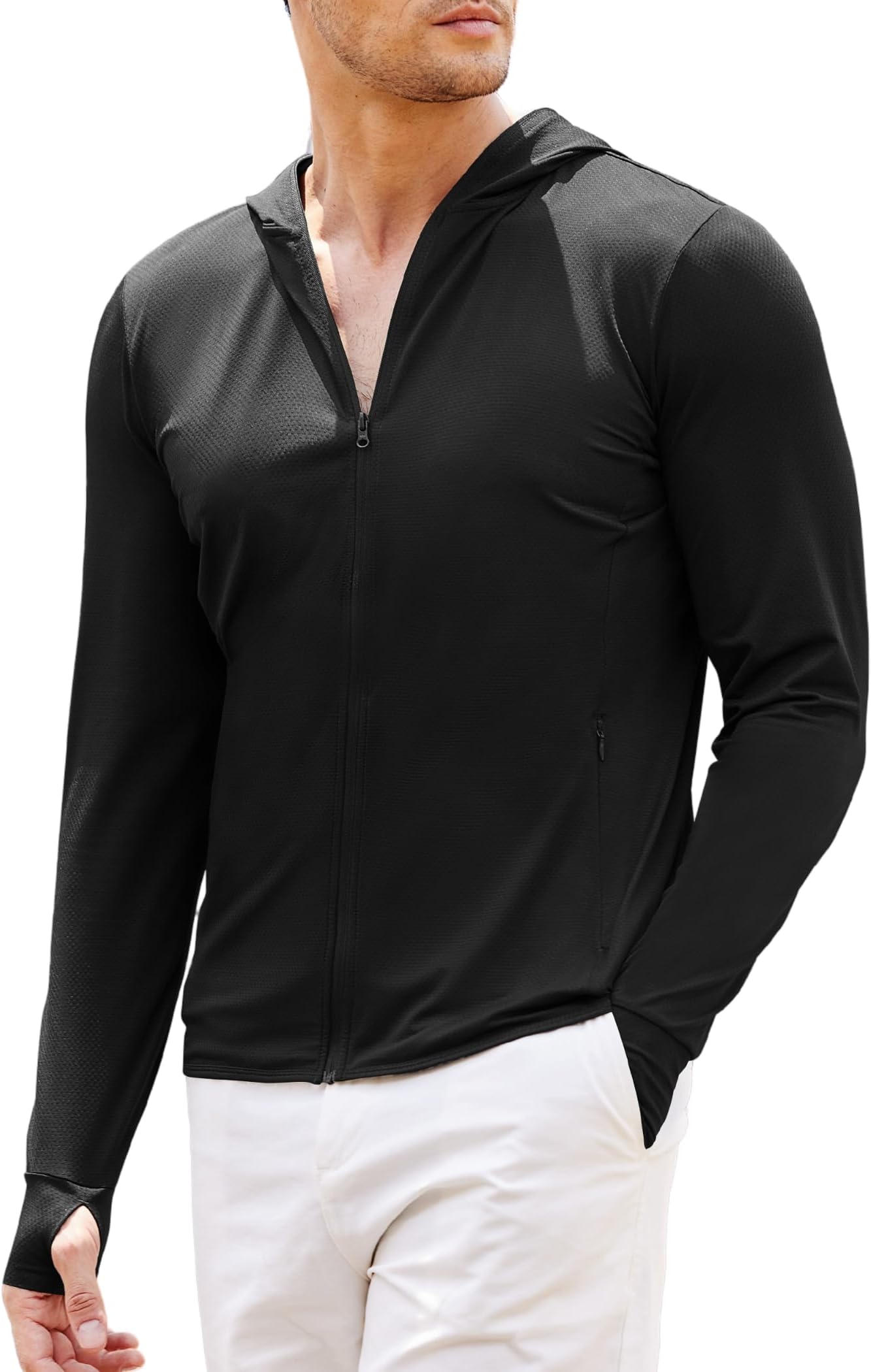 Full-Zip Men's Lightweight Hoodie UPF 50 - Breathable Sun Protection Jacket with Pockets for Golf, Fishing, Hiking