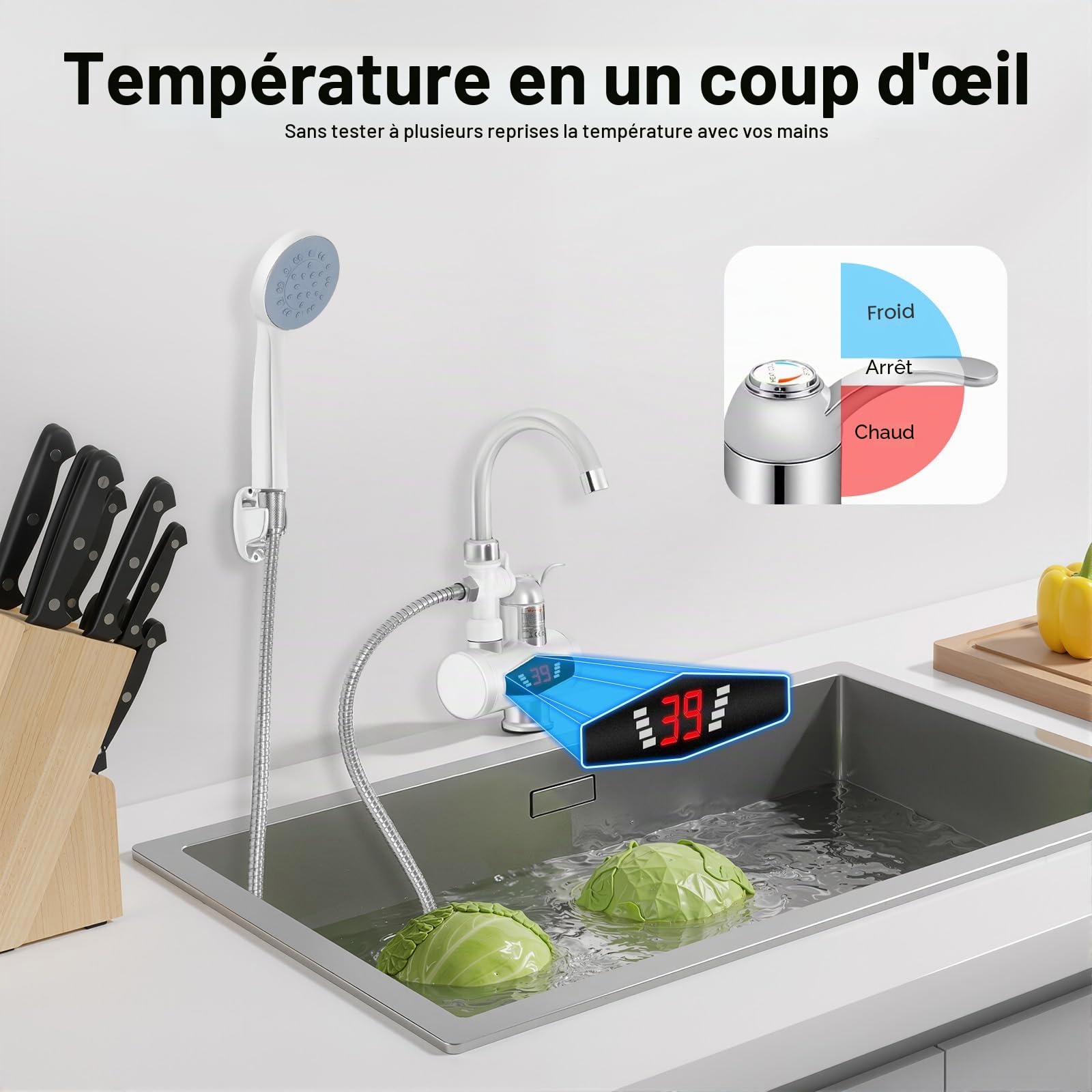 Robinet de chauffe-eau électrique, avec douche, eau chaude, pour baignoire et cuisine, pivotant à 360°, avec pommeau de douche et affichage LCD de la température, chauffe-eau instantané