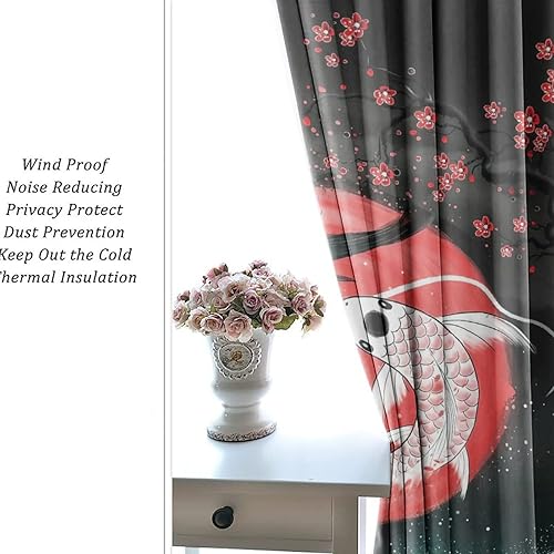 Miniatura 6 de Cortinas de pez para dormitorio, diseño de fantasía, Yin Yang, anime japonés, ondas grandes, flores de cerezo, cortinas opacas con ojales, ahorro de