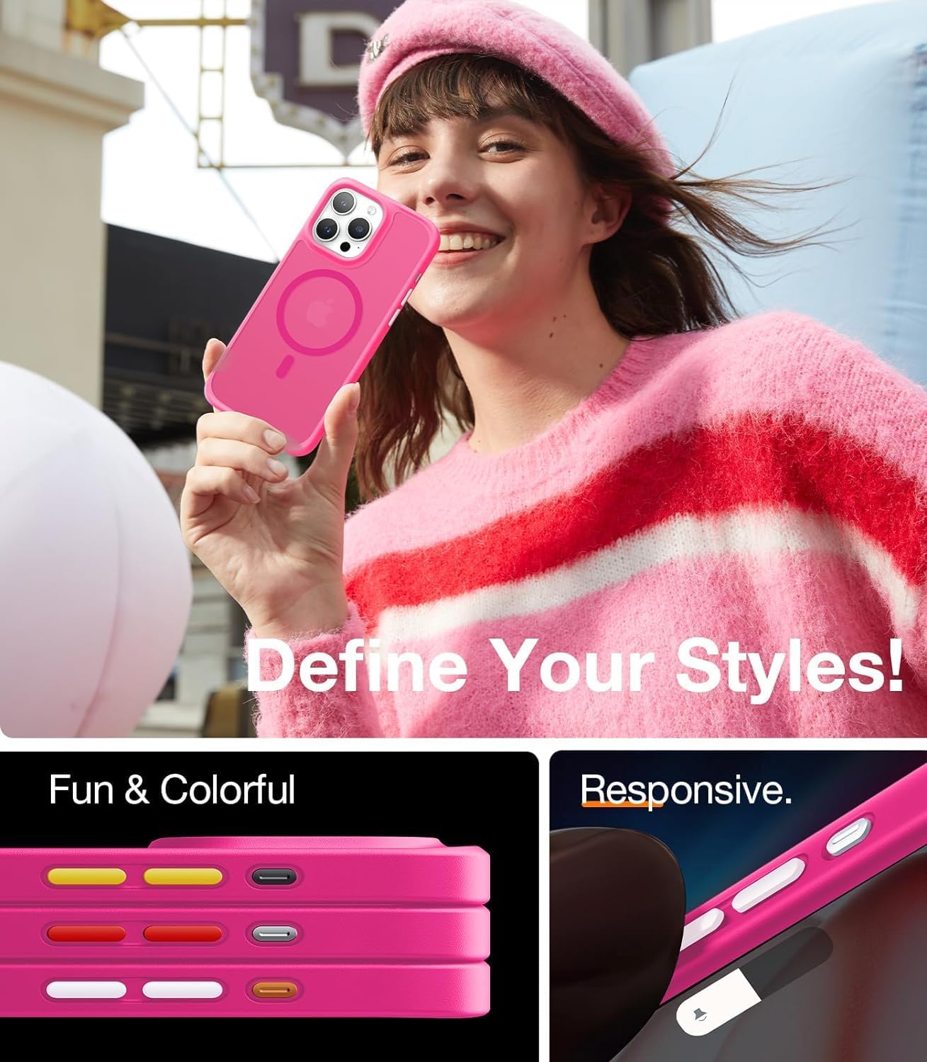 Three TORRAS iPhone cases stacked, showing different colored interchangeable buttons (yellow, red, white) for customization.