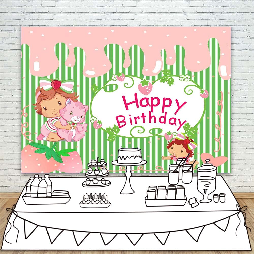 Happy Birthday Background Strawberry Baby Shortcake 5x3 Pink Strawberry