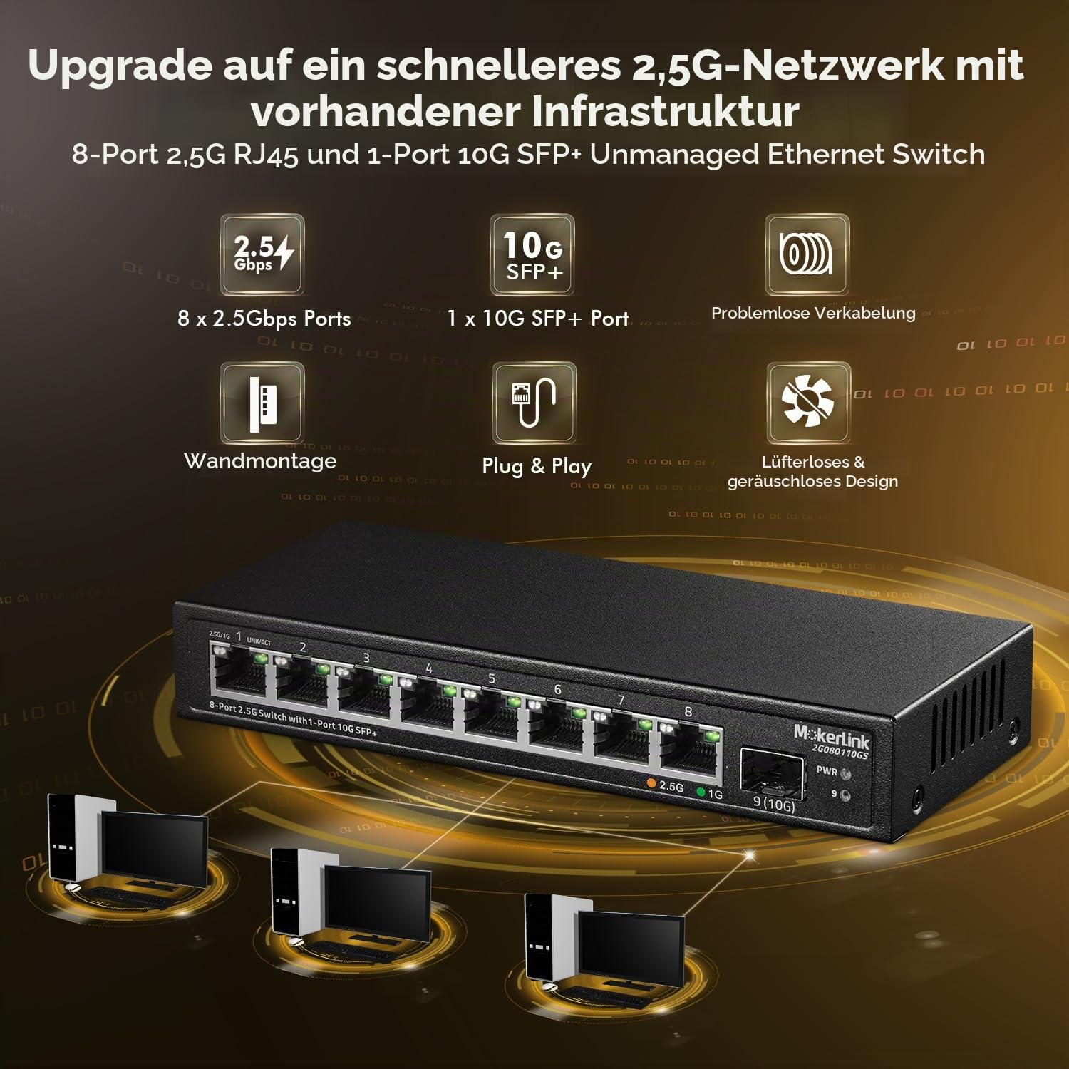 MokerLink 8 Port 2.5Gigabit Ethernet Switch mit 10G SFP Slot, 8 x 2.5G Base-T Ports kompatibel mit 10/100/1000Mbps, Metall Unmanaged Fanless Small Network Switch