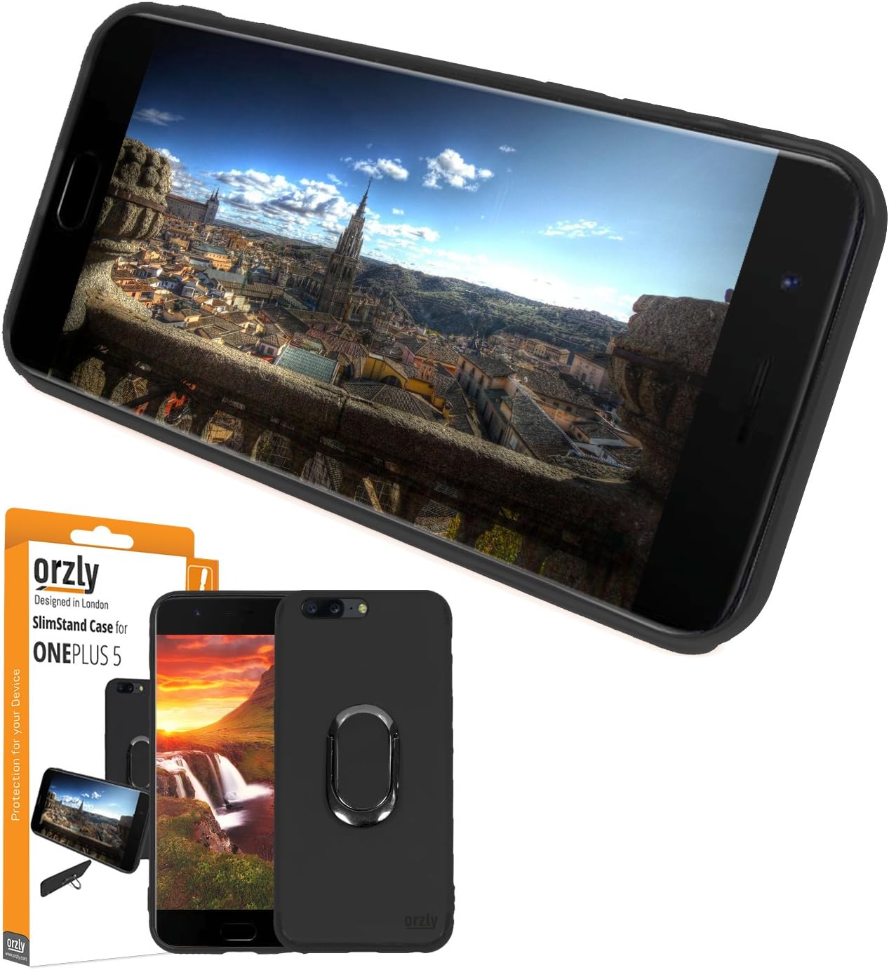 Orzly OnePlus 5 Slim Case, Slim-Stand Protective [Anti-Scratch] Skin Case Cover for OnePlus 5 in BLACK with Integrated Ring Stand for Handy Grip & Display Stand