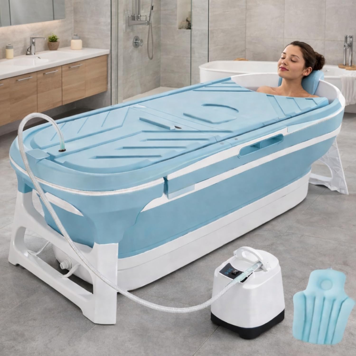 Large Bathtub for Adults 6 Feet Folding Bathroom Bath tub Portable Soaking Hot and Cold Bath Tub with Temperature Meter, Pillow Spa Bathtub Tub for Home (Sky blue, 136 CM (With Steamer)-image-35