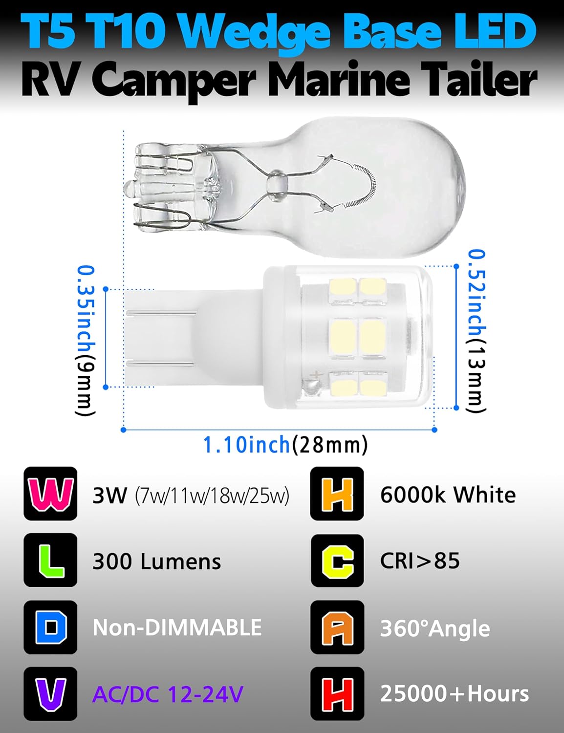 12-24V T5 T10 Wedge Base Led Bulbs, 300lm 3W Low Voltage Landscape Bulb Equivalent to 30W Halogen, 6000K Daylight White for RV Camper Garden Patio Path Walkway Marine Tailer Boat Lighting, 10 pack