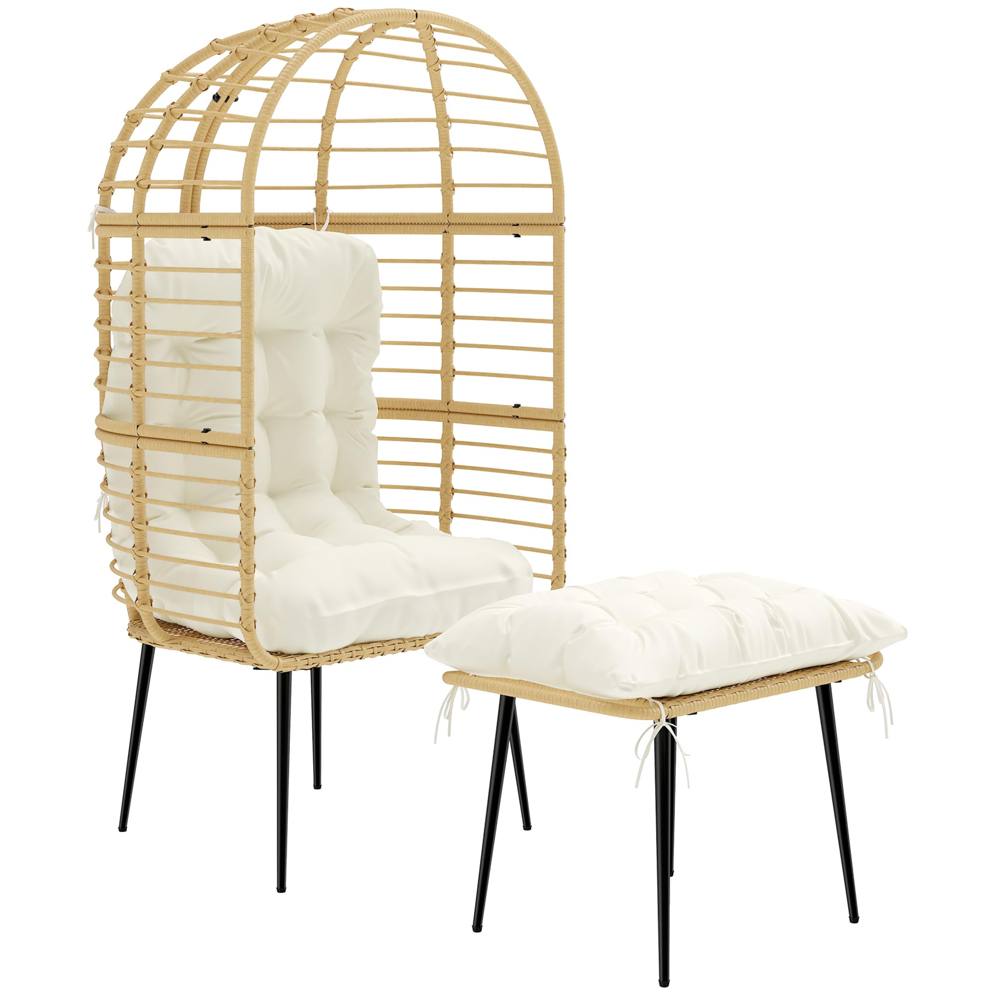 Outsunny Fauteuil de jardin avec tabouret en forme d'œuf - Avec coussins longs et épais - Cadre en métal - Style bohème - Pour salon, jardin, balcon, terrasse - Beige